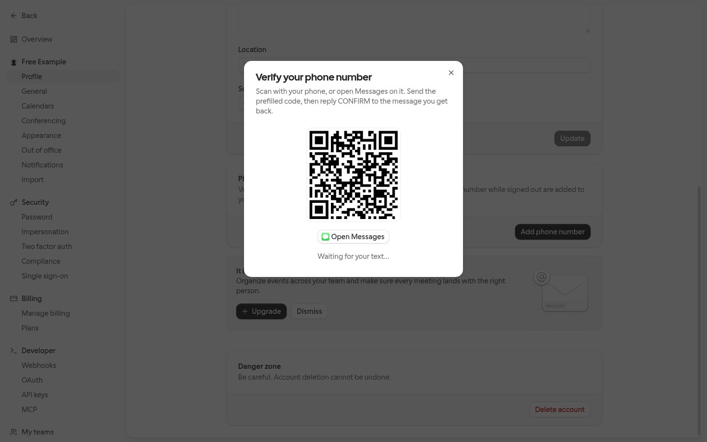 The Verify your phone number dialog, showing a QR code, an Open Messages button and Waiting for your text