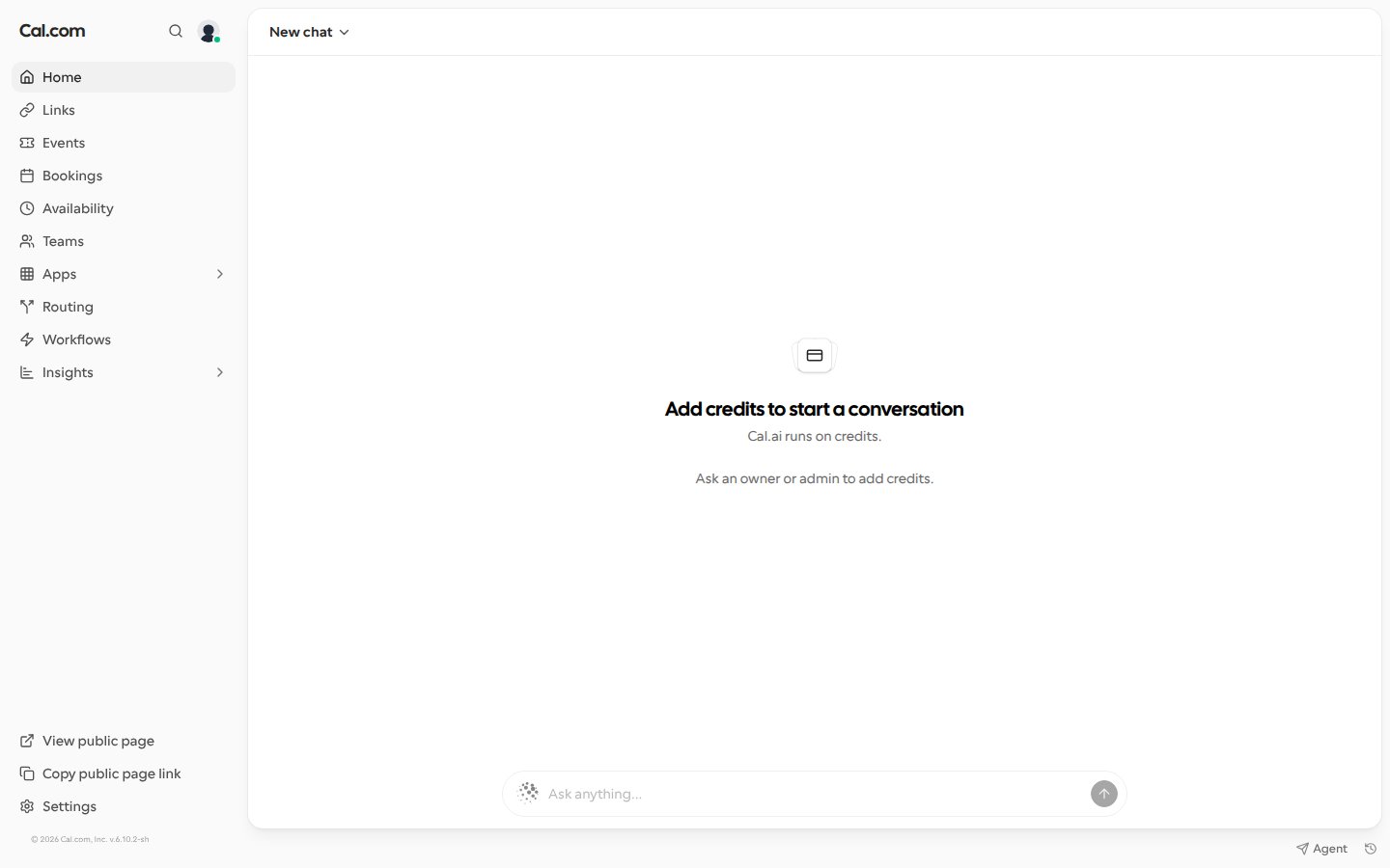 The same empty state for a team member without billing access, reading Ask an owner or admin to add credits instead of showing a button