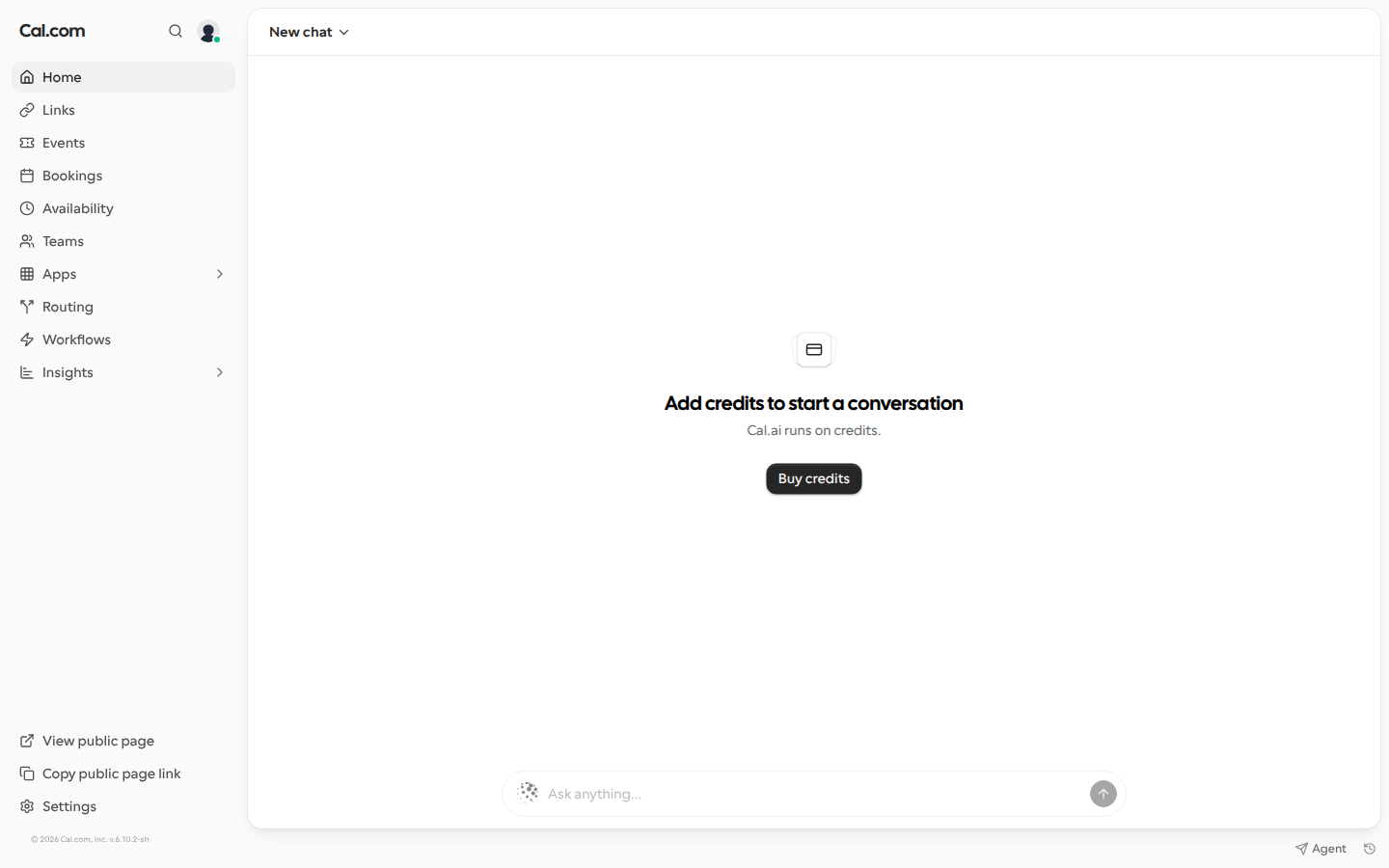 The Home page of the Cal.com web app for a personal account with no AI credits: an empty state reading Add credits to start a conversation and Cal.ai runs on credits, a Buy credits button and a disabled Ask anything chat box