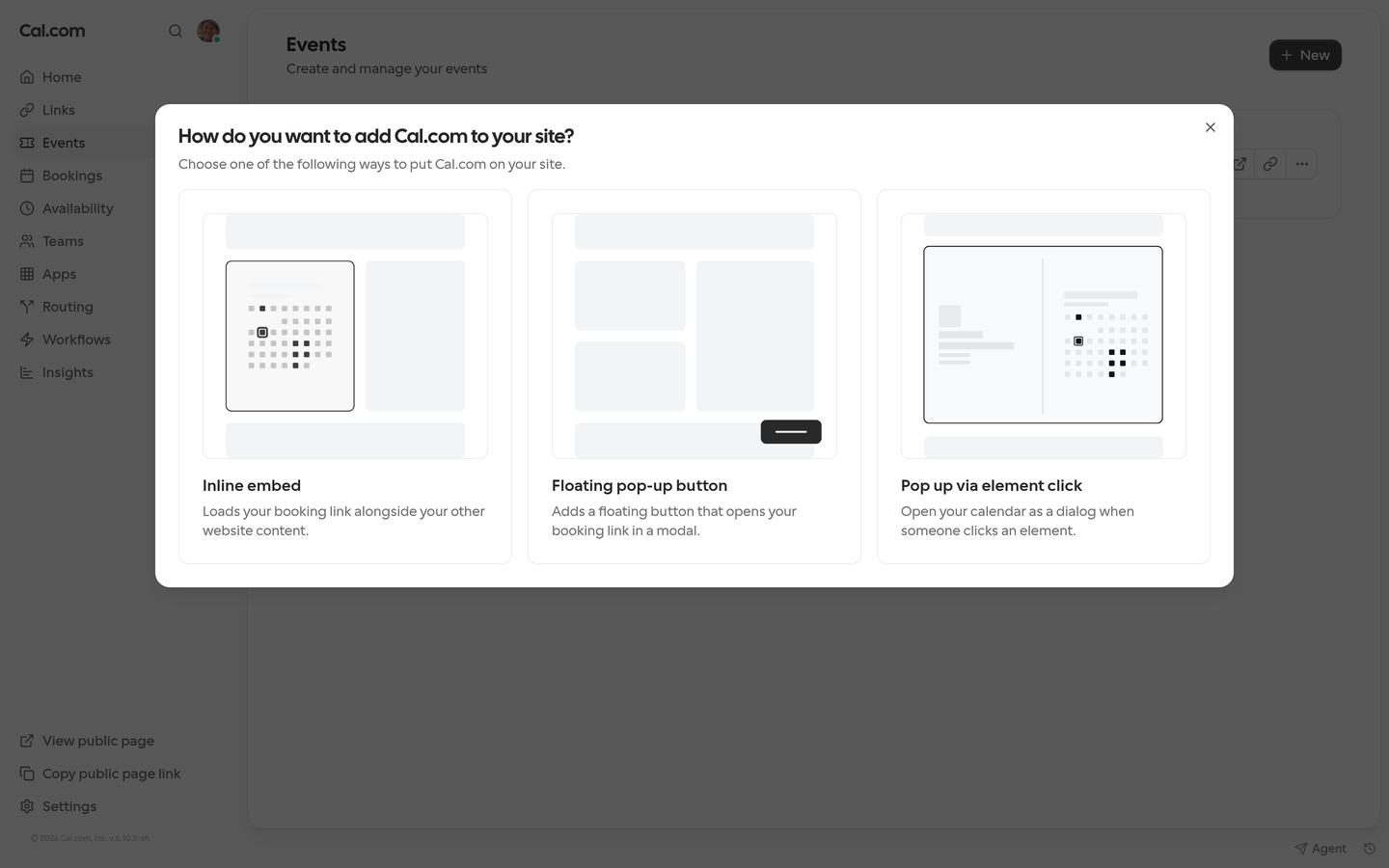 Embed dialog for a Cal Event opened from the Events list, showing the Inline embed, Floating pop-up button and Pop up via element click cards