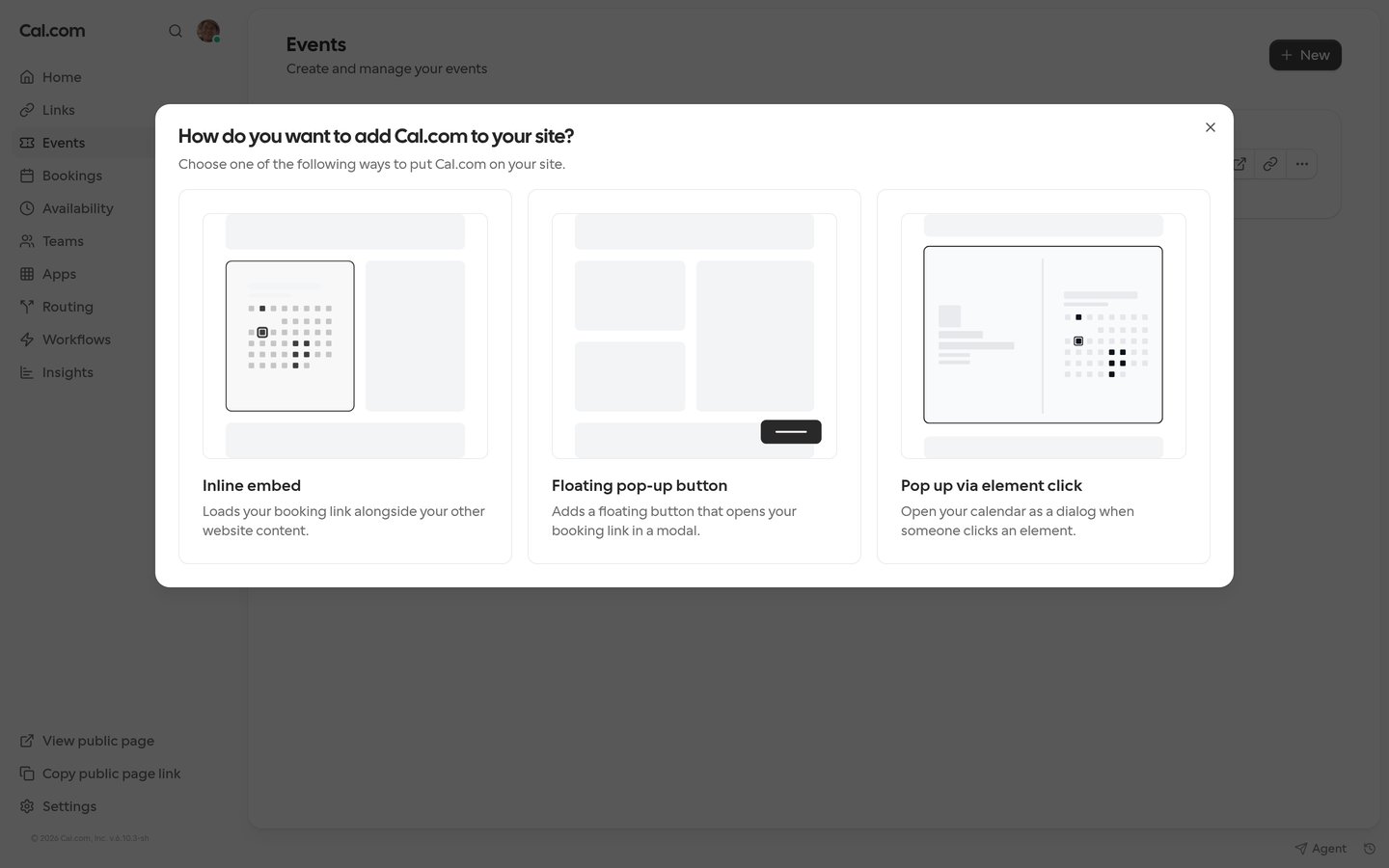 Embed dialog for a Cal Event opened from the Events list, showing the Inline embed, Floating pop-up button and Pop up via element click cards