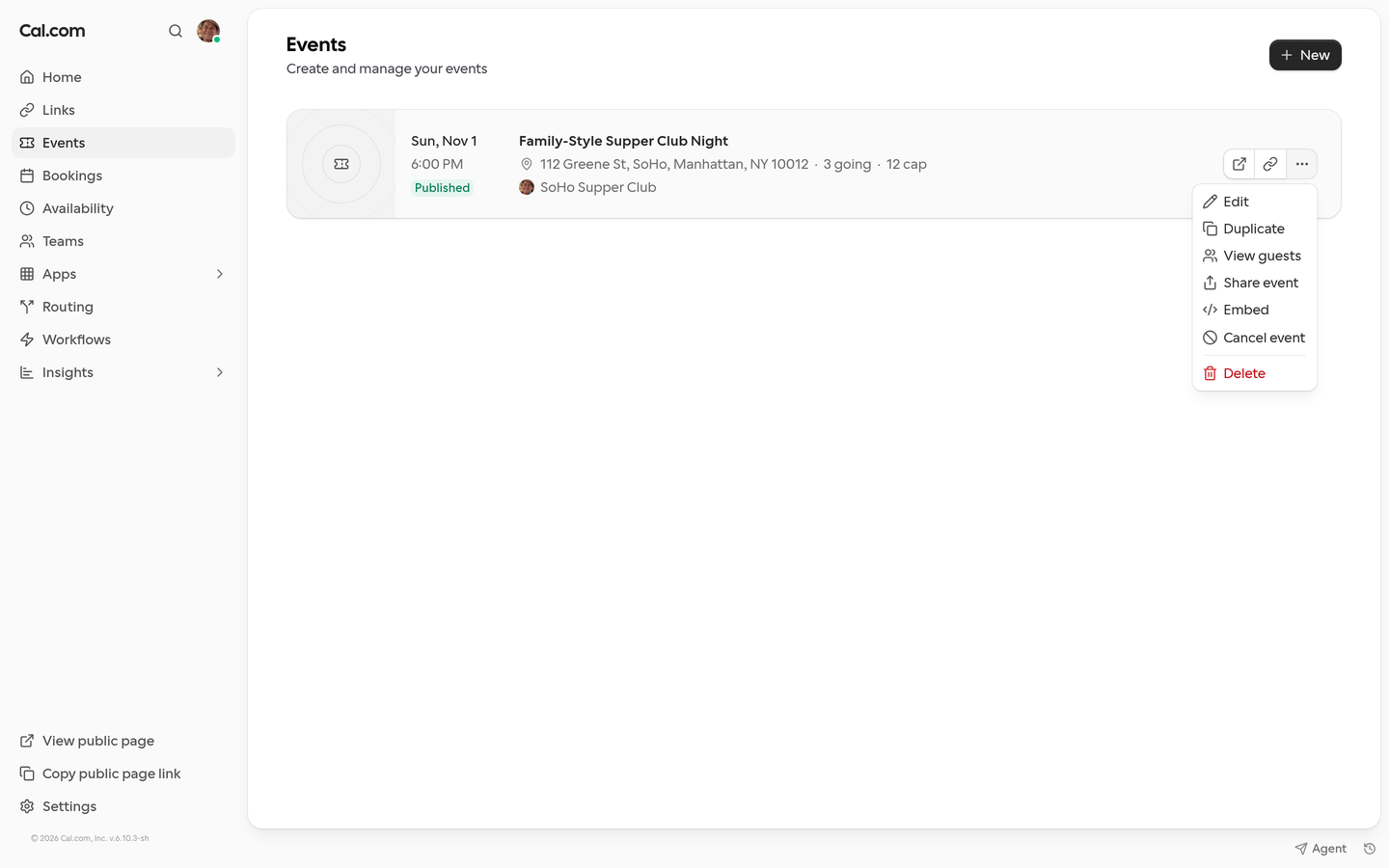 Events list with the row menu of a published Cal Event open, showing Edit, Duplicate, View guests, Share event, Embed, Cancel event and Delete