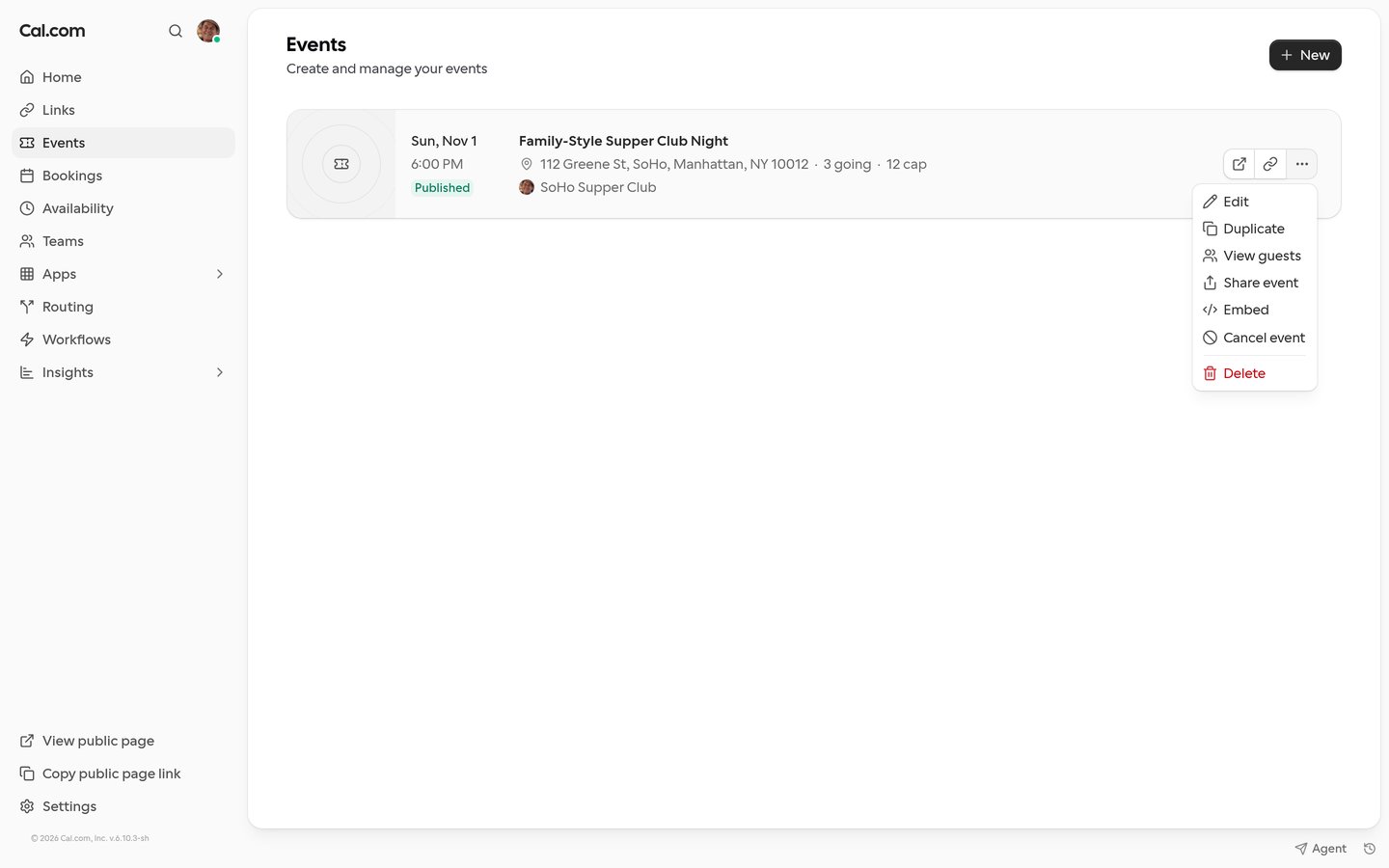 Events list with the row menu of a published Cal Event open, showing Edit, Duplicate, View guests, Share event, Embed, Cancel event and Delete