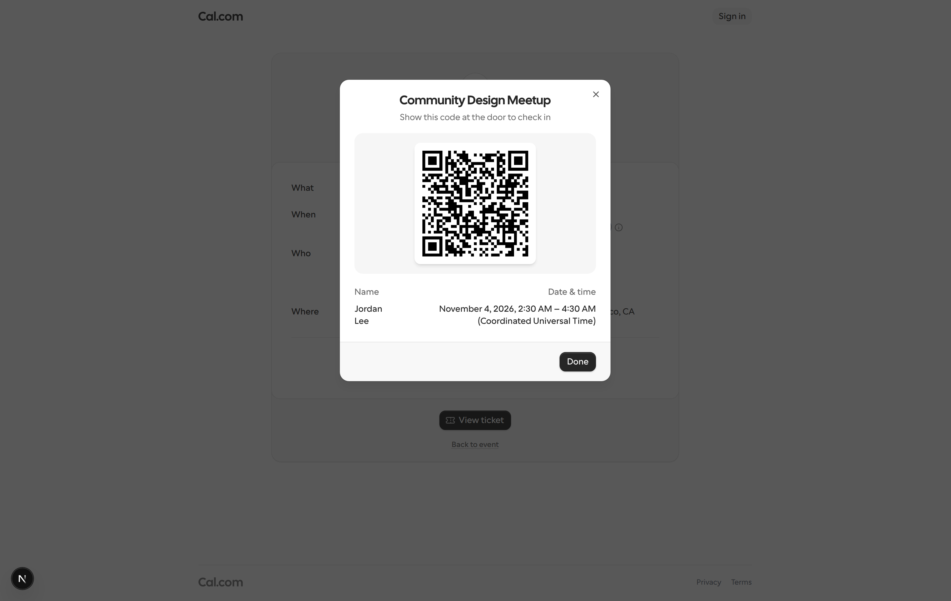 The check-in ticket dialog on a Cal Event page opened from the manage link, showing a QR code with Show this code at the door to check in, the guest's name and the event date and time