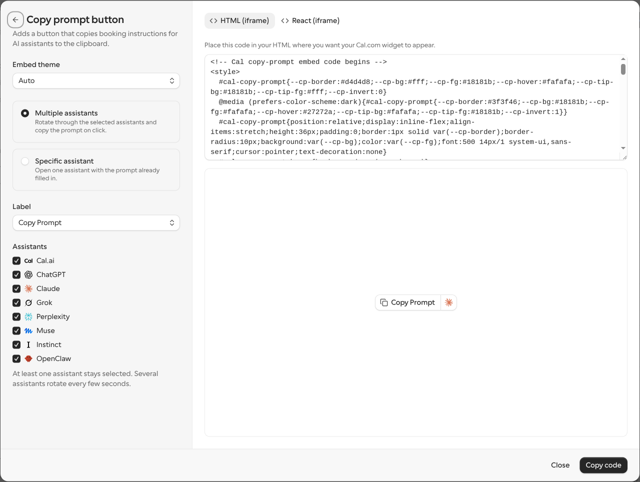 Copy prompt button editor with the Embed theme dropdown, the Multiple assistants and Specific assistant cards, the Label dropdown, the list of assistant checkboxes, the HTML snippet and a live preview of the button
