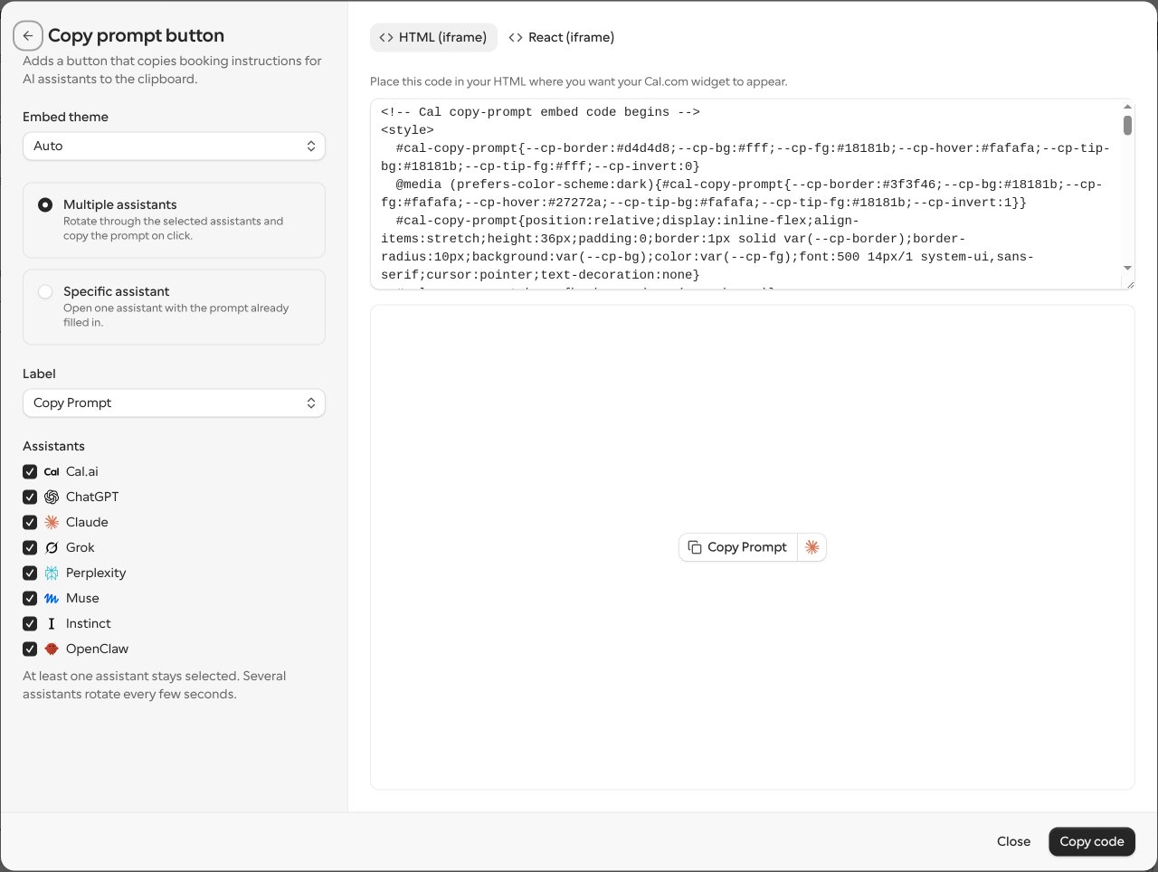 Copy prompt button editor with the Embed theme dropdown, the Multiple assistants and Specific assistant cards, the Label dropdown, the list of assistant checkboxes, the HTML snippet and a live preview of the button