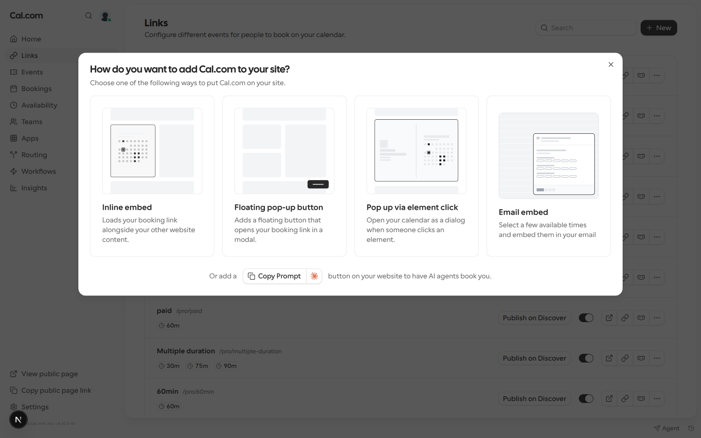 Embed dialog showing the four embed type cards with a Copy Prompt button and an AI assistant logo below them