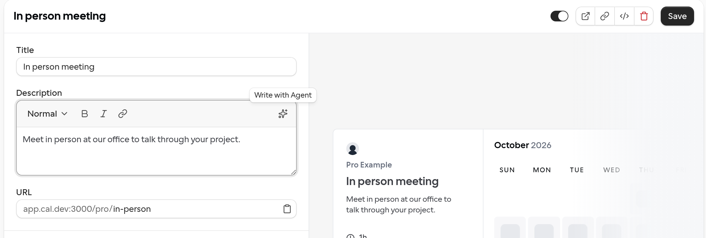 An event type's Basics settings in the Cal.com web app, with the Write with Agent tooltip over the sparkle button at the right end of the description editor's toolbar