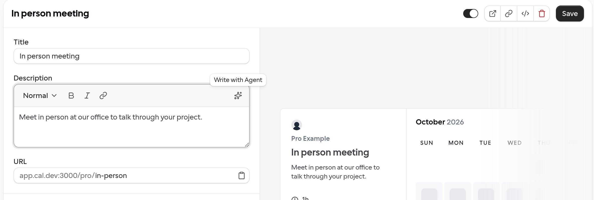 An event type's Basics settings in the Cal.com web app, with the Write with Agent tooltip over the sparkle button at the right end of the description editor's toolbar