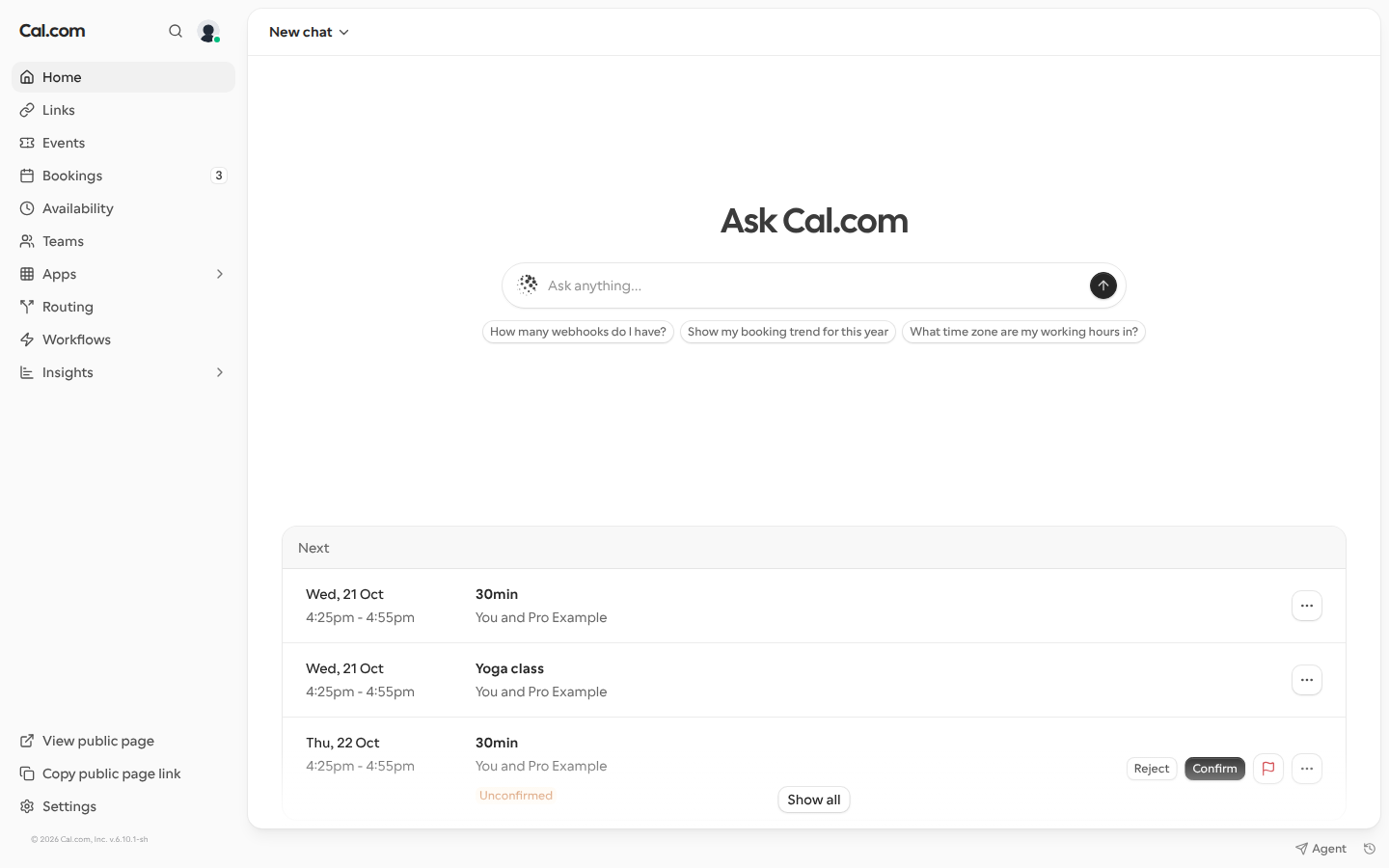 The Home page of the Cal.com web app for a personal account, with the Ask Cal.com chat box, suggested questions and the next upcoming bookings