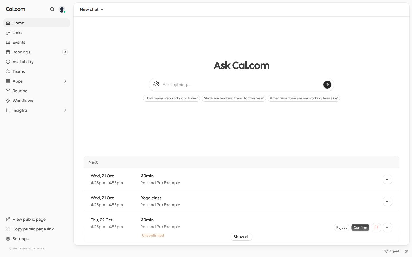 The Home page of the Cal.com web app for a personal account, with the Ask Cal.com chat box, suggested questions and the next upcoming bookings