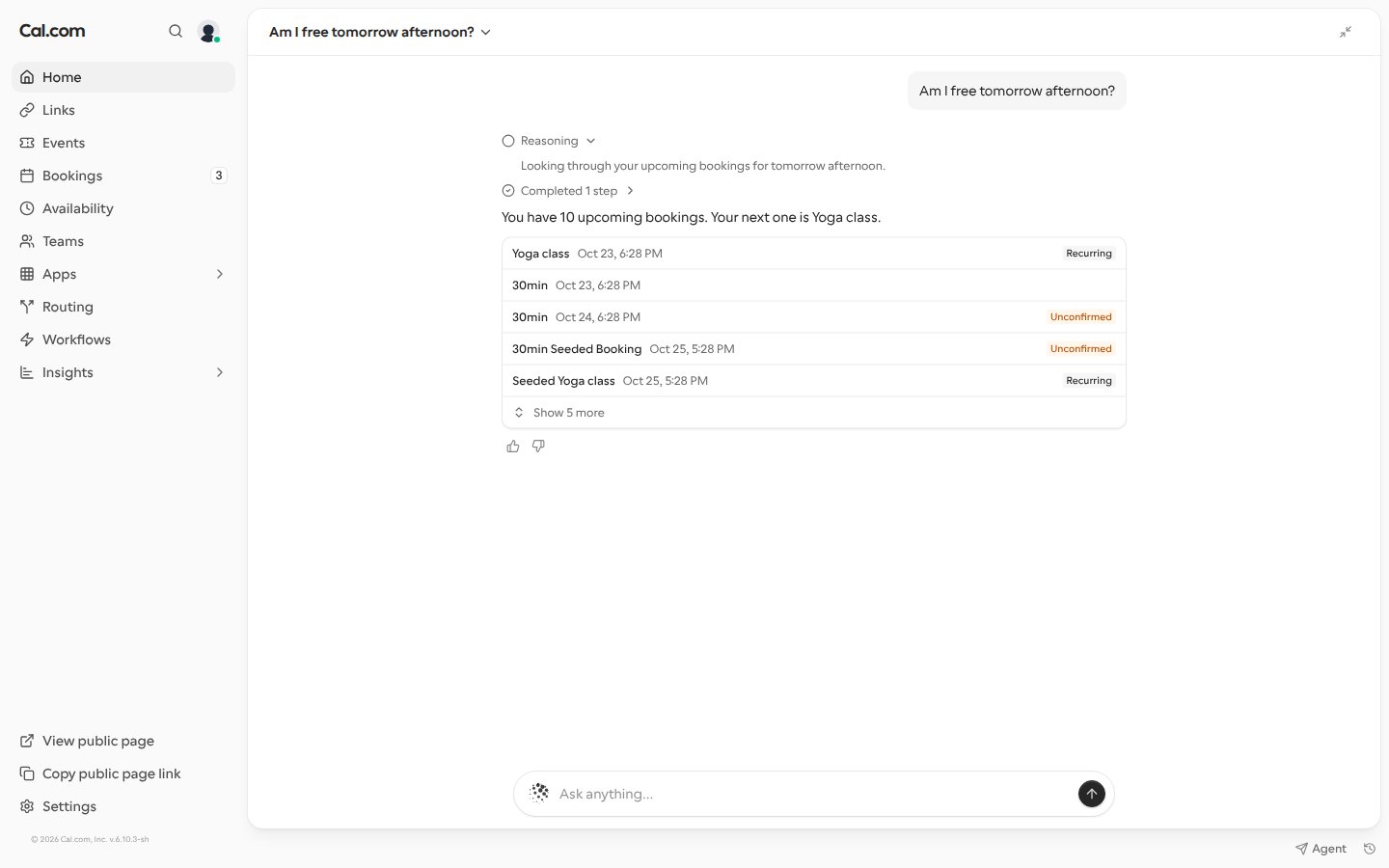 The same reply with the Reasoning row opened, showing the progress update Looking through your upcoming bookings for tomorrow afternoon.