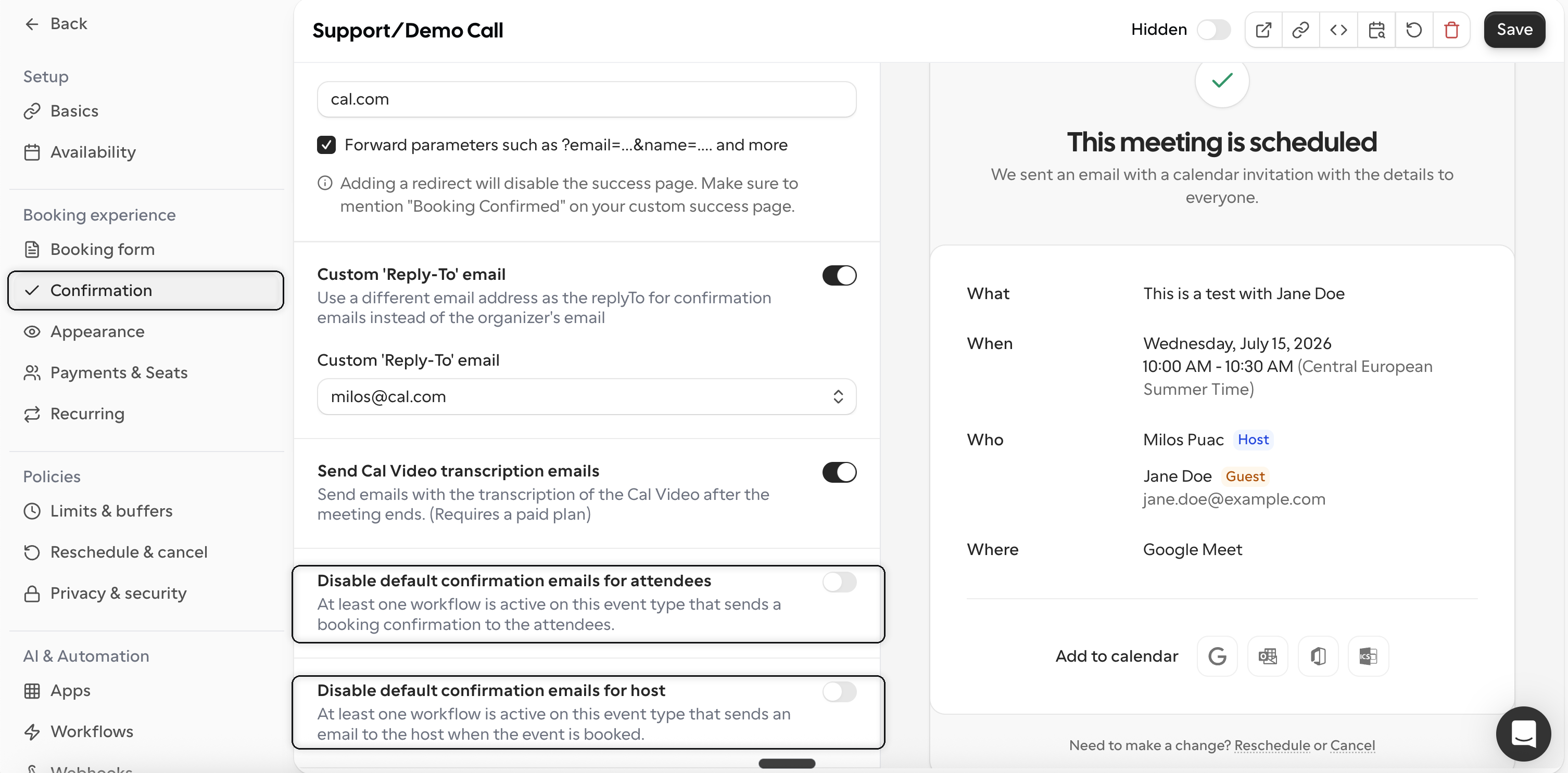 Cal Disable Confirmation Emails Highlighted