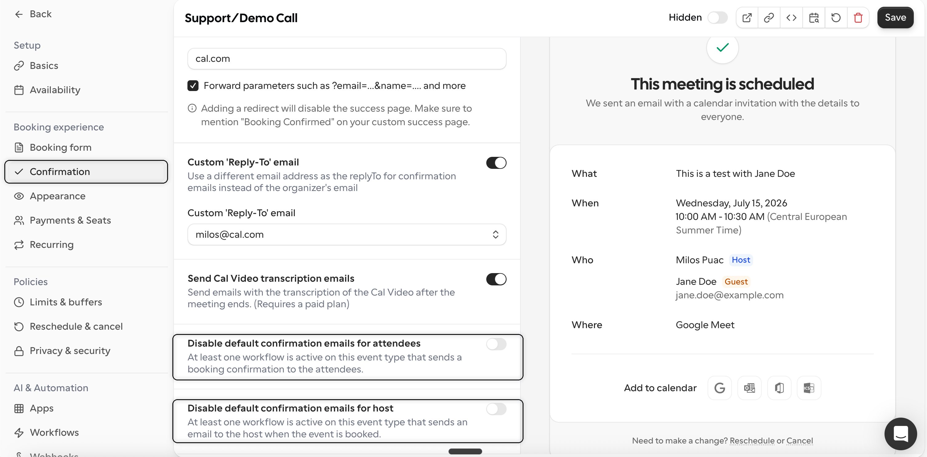 Cal Disable Confirmation Emails Highlighted