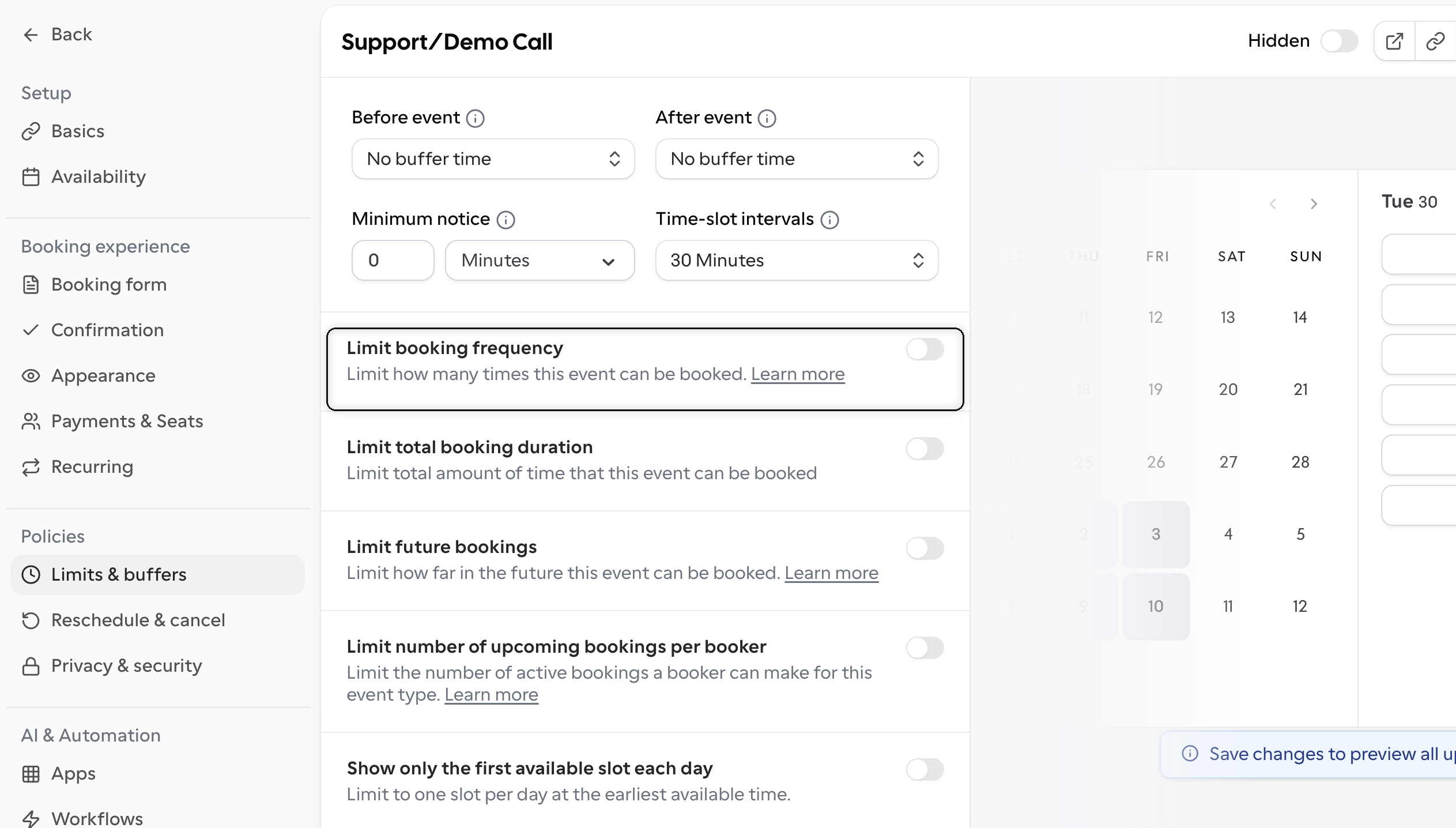 Cal Limit Booking Frequency Highlighted