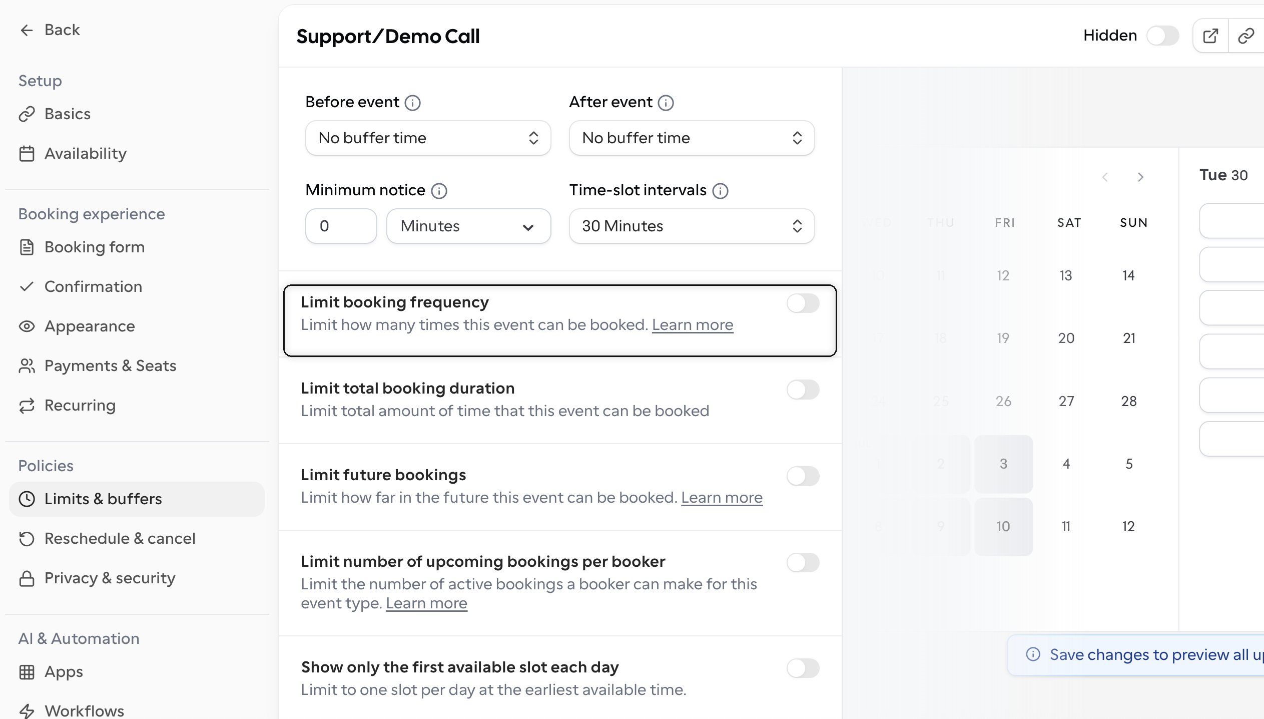 Cal Limit Booking Frequency Highlighted