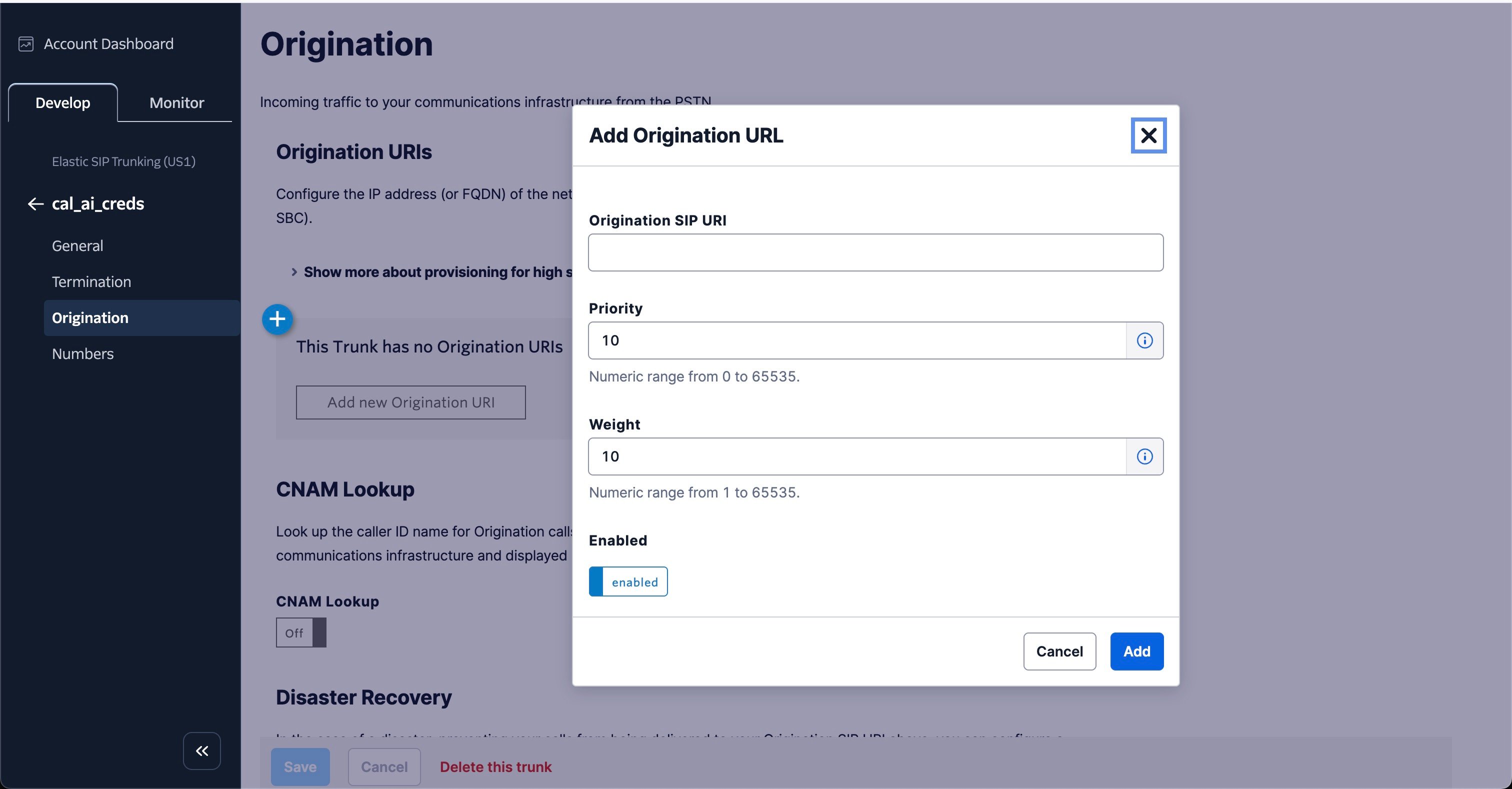 Add Origination URI