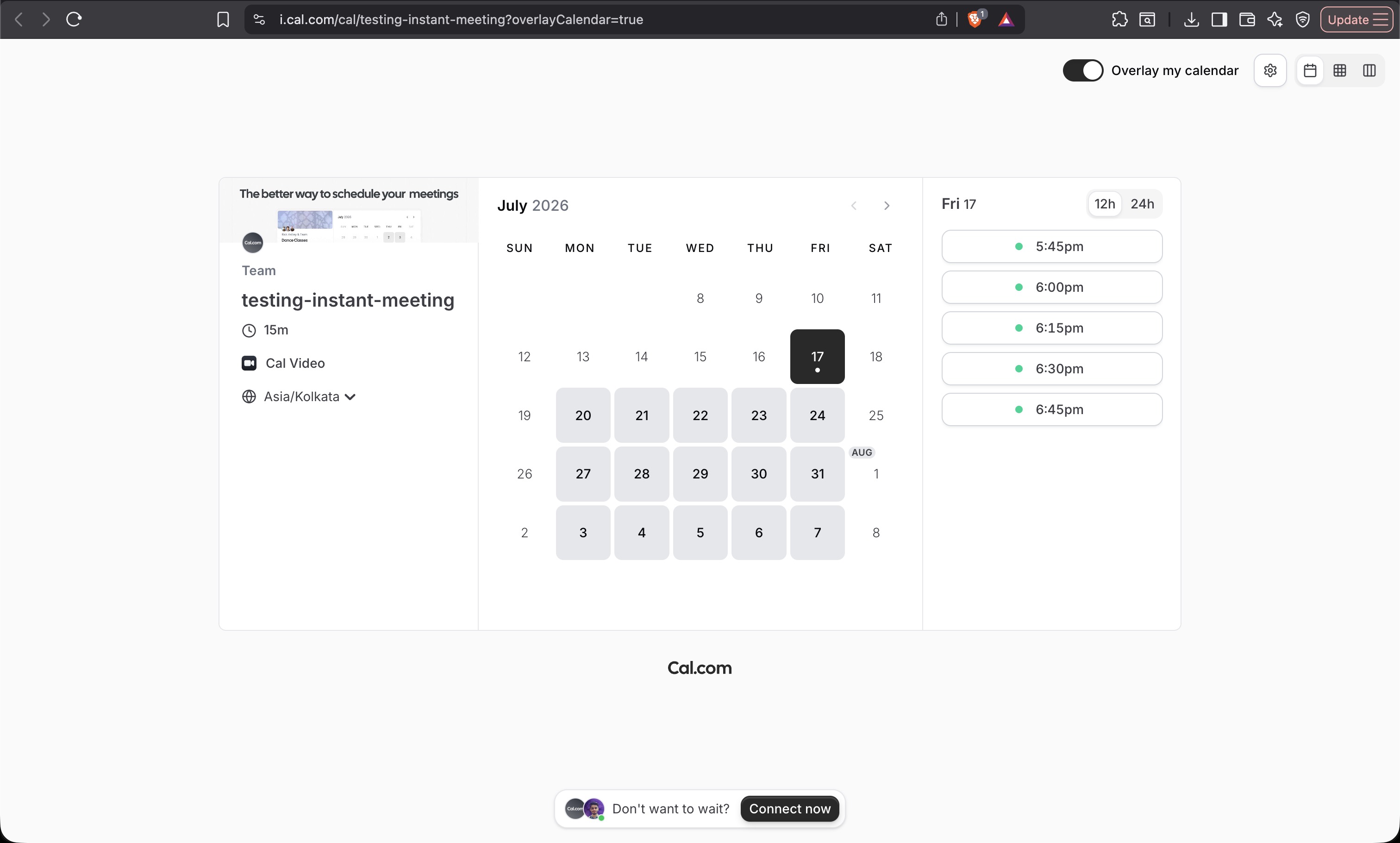 Connect now prompt on an Instant Meeting booking page