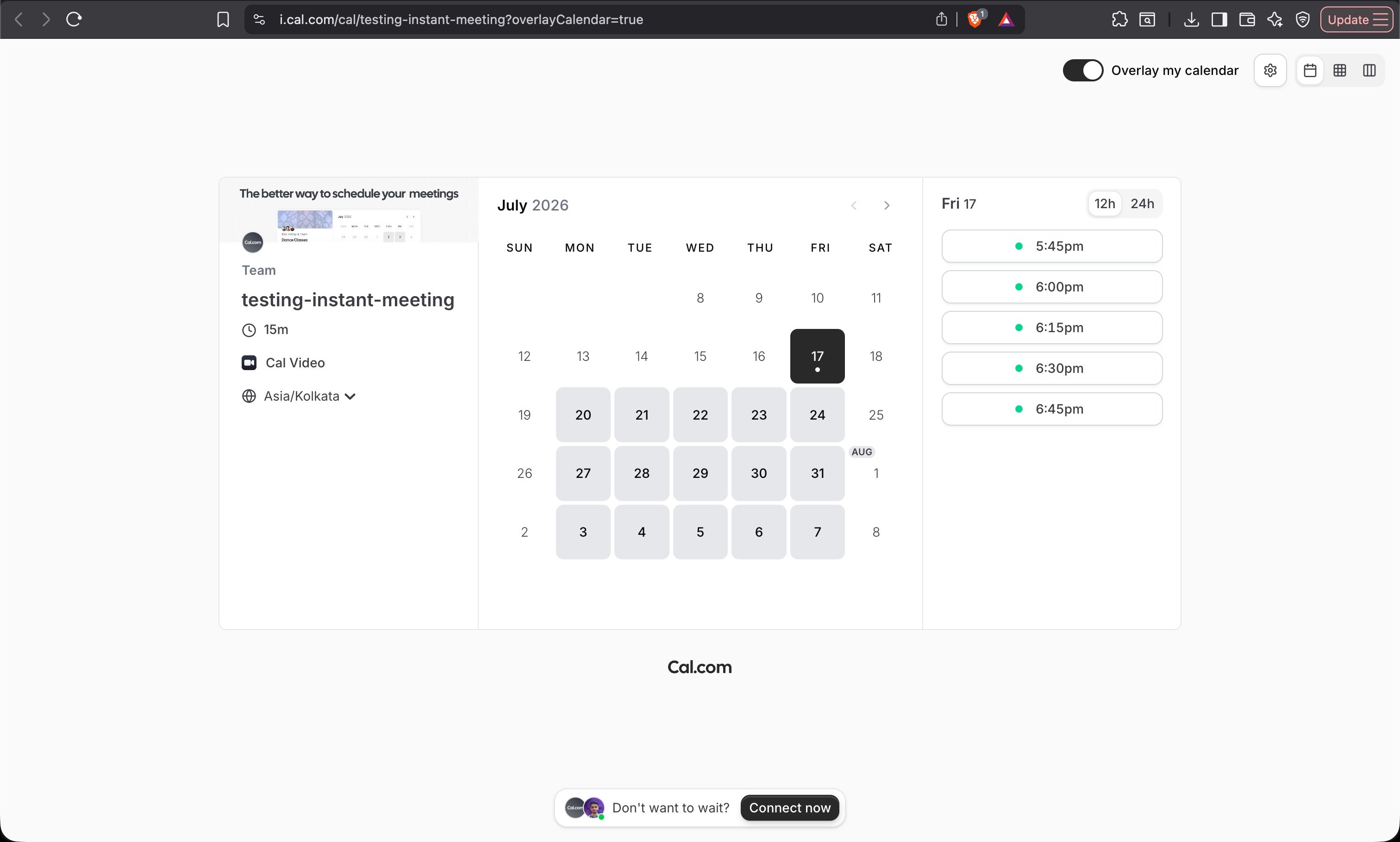 Connect now prompt on an Instant Meeting booking page
