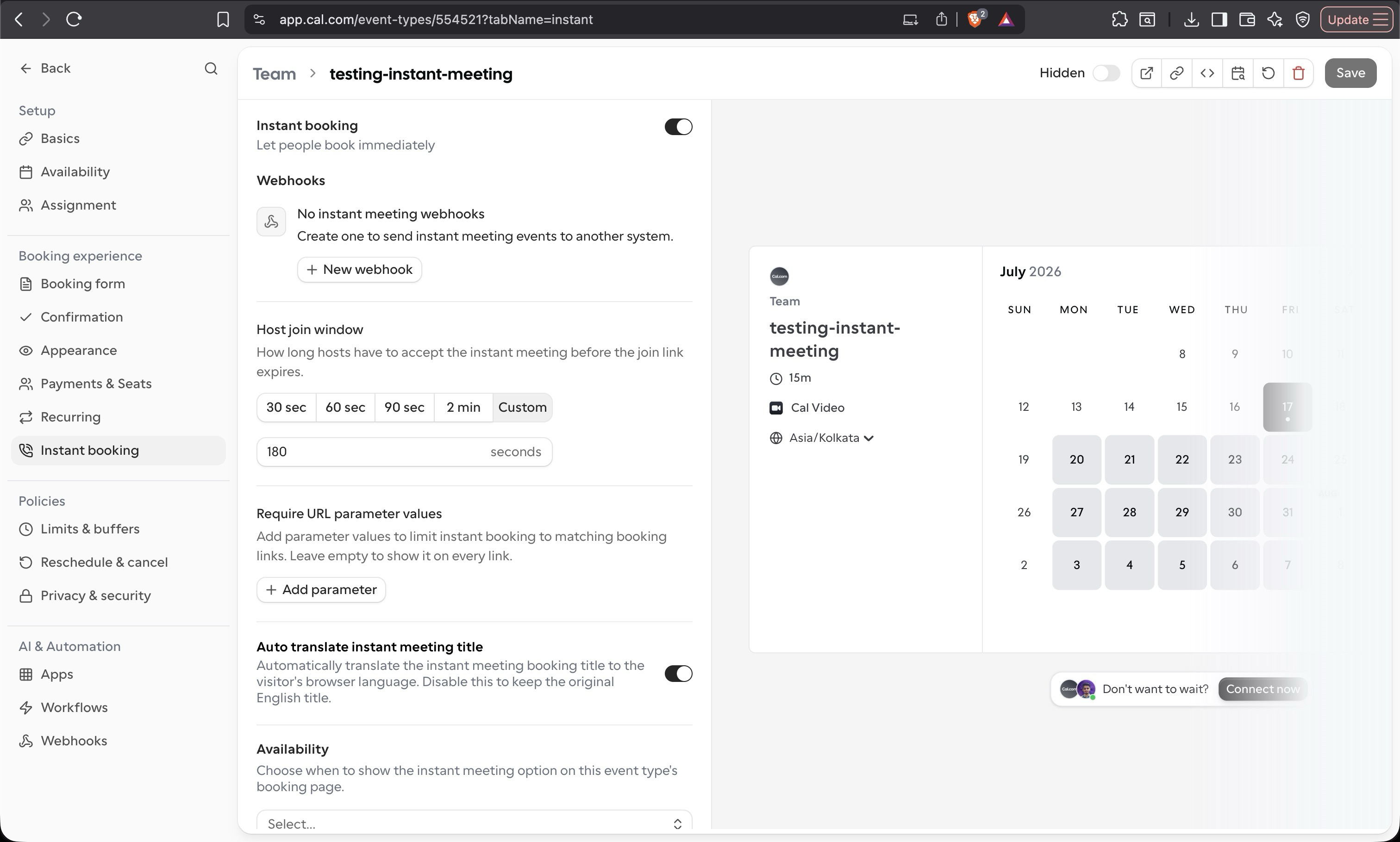 Instant booking settings for a team event type