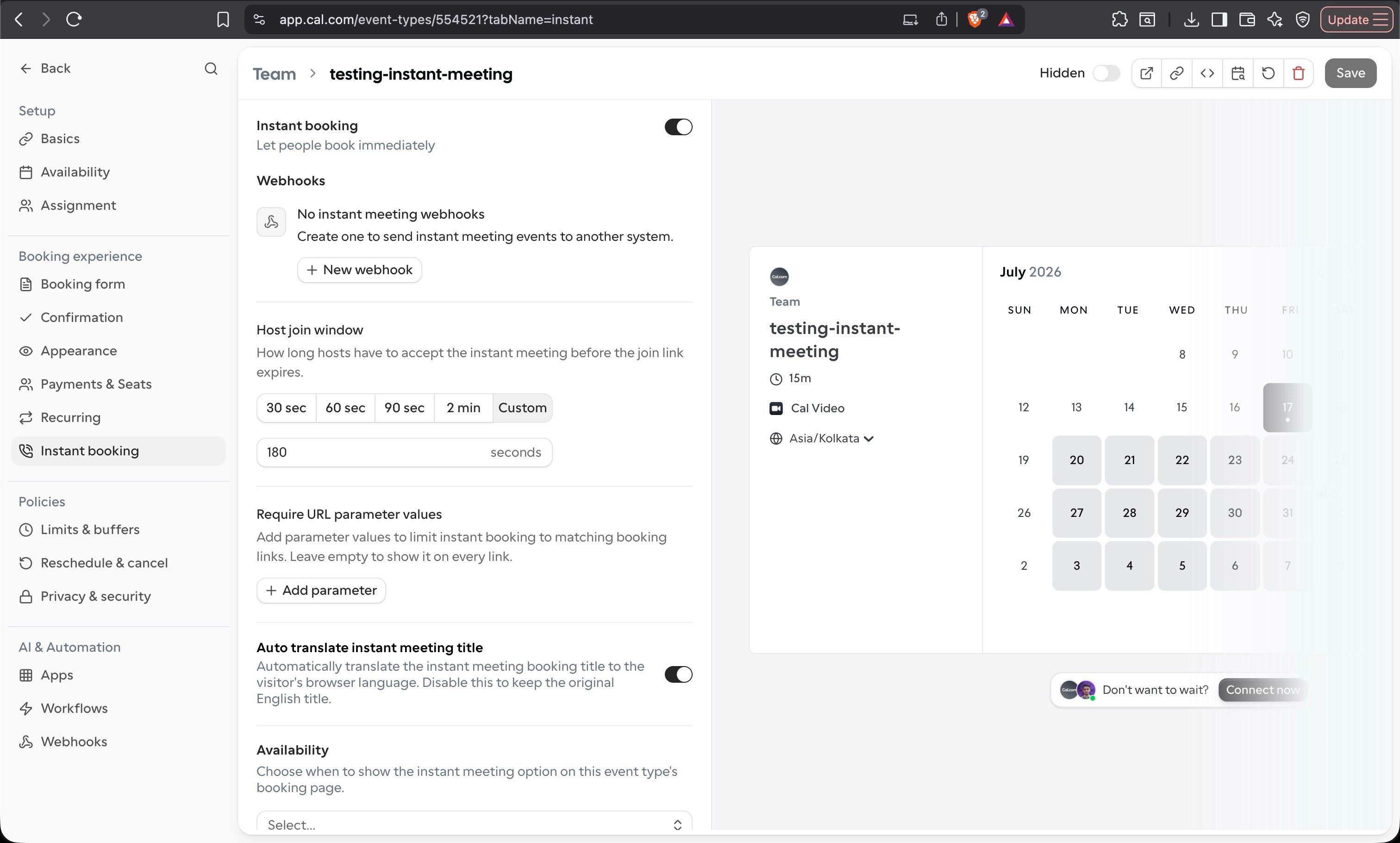 Instant booking settings for a team event type