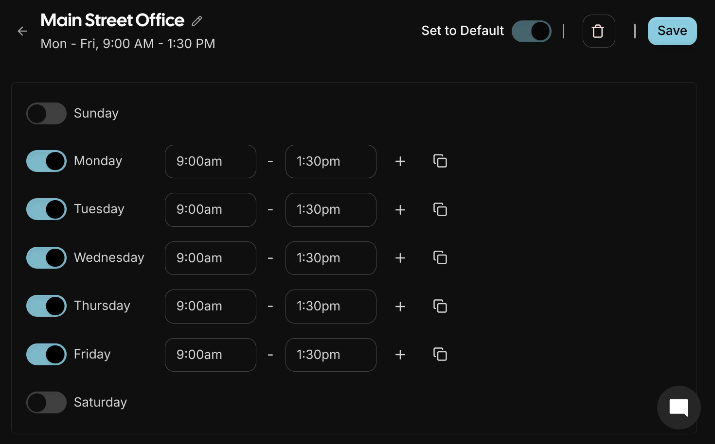 Availability schedule settings