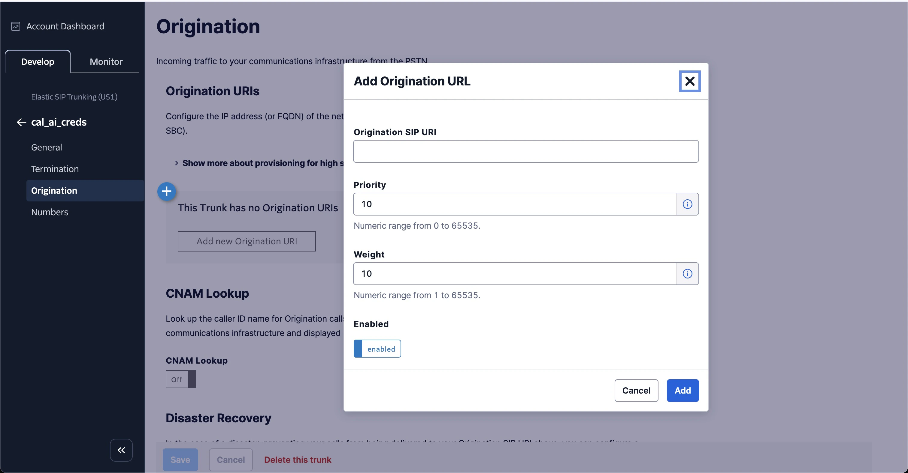 Add Origination URI