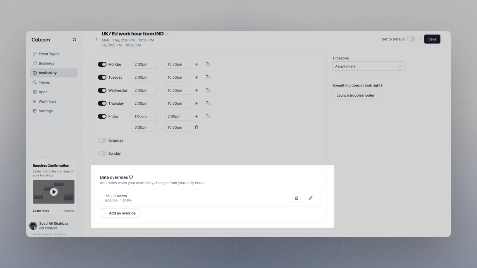 Date overrides interface