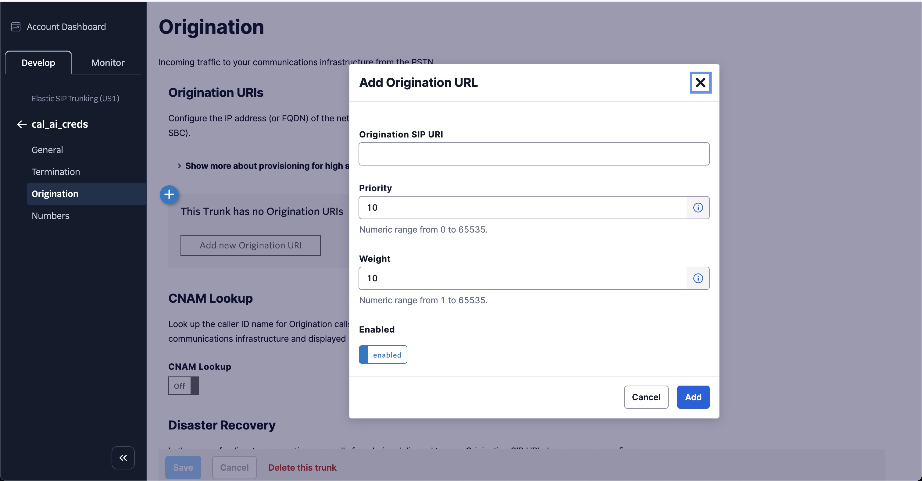 Add Origination URI