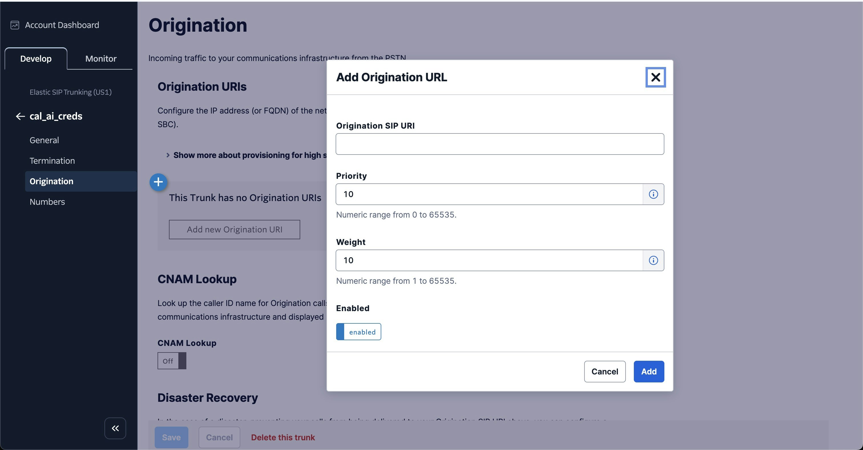 Add Origination URI