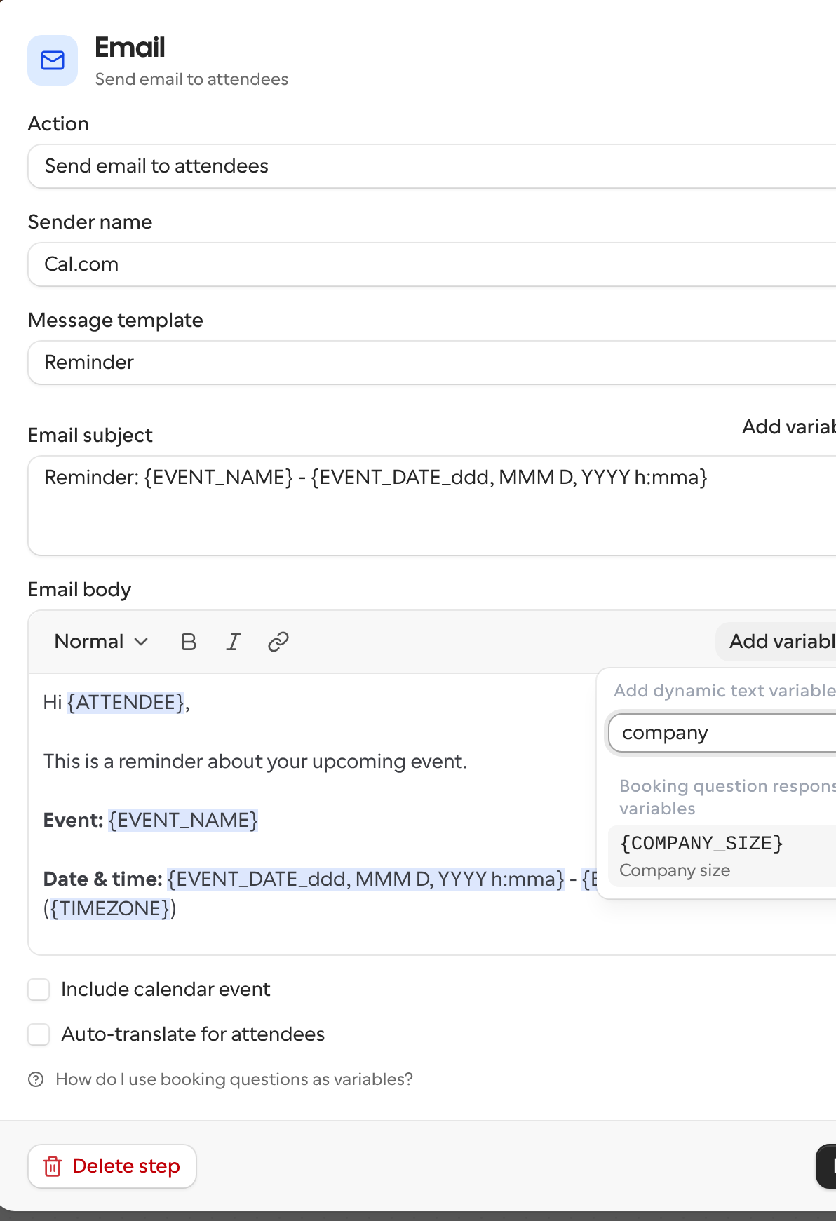 The Add variable menu with a Company size question under Booking question response variables