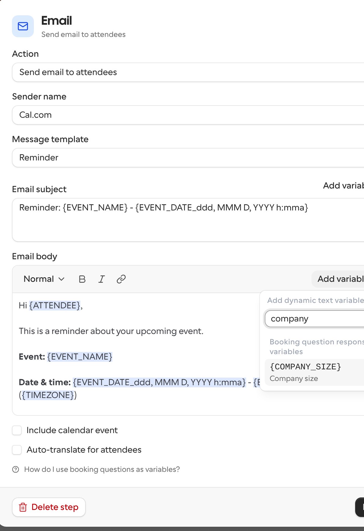 The Add variable menu with a Company size question under Booking question response variables