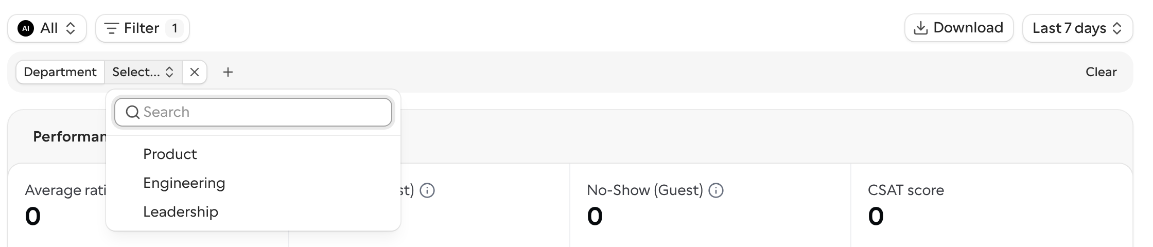 Insights with a Department attribute filter open, listing its values