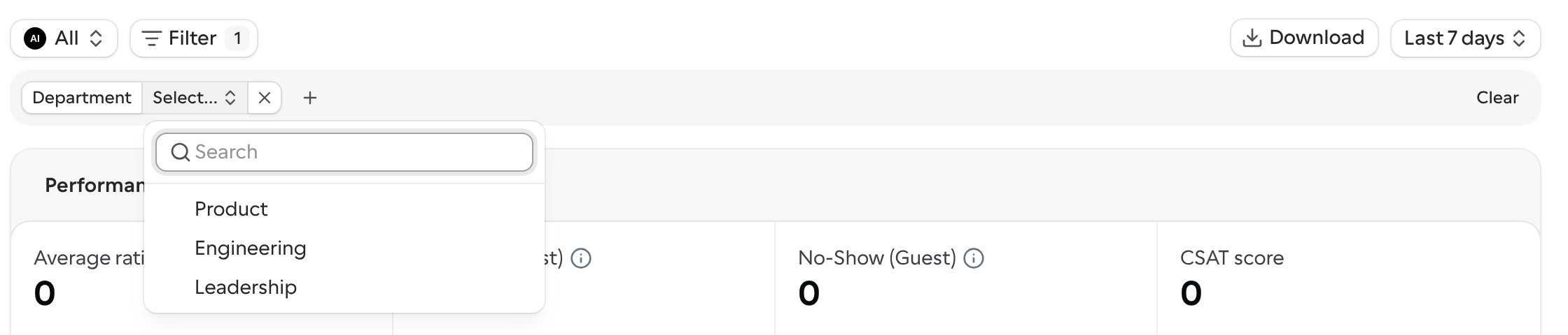 Insights with a Department attribute filter open, listing its values