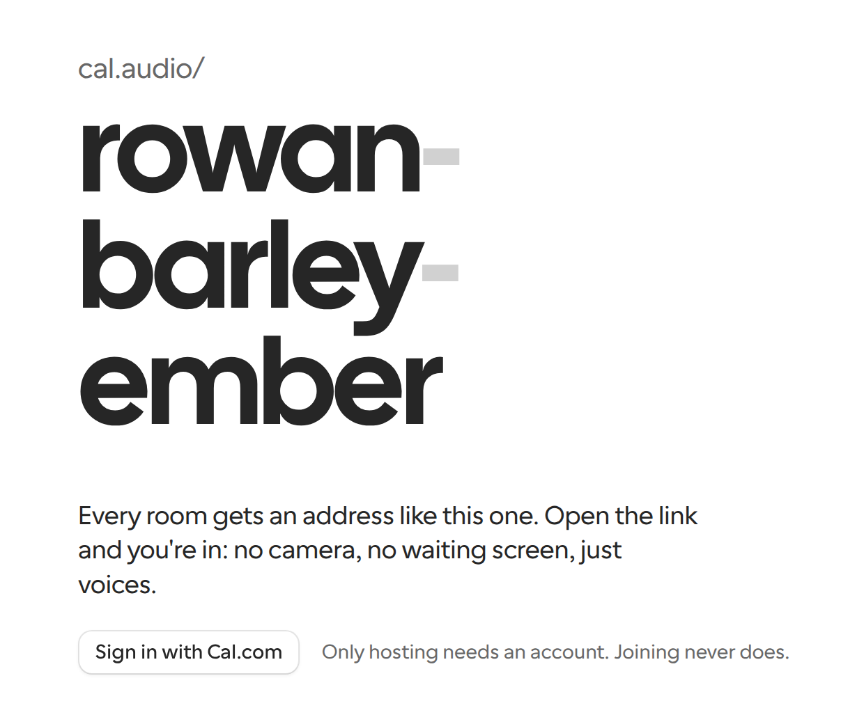 Cal Audio home page showing an example room address