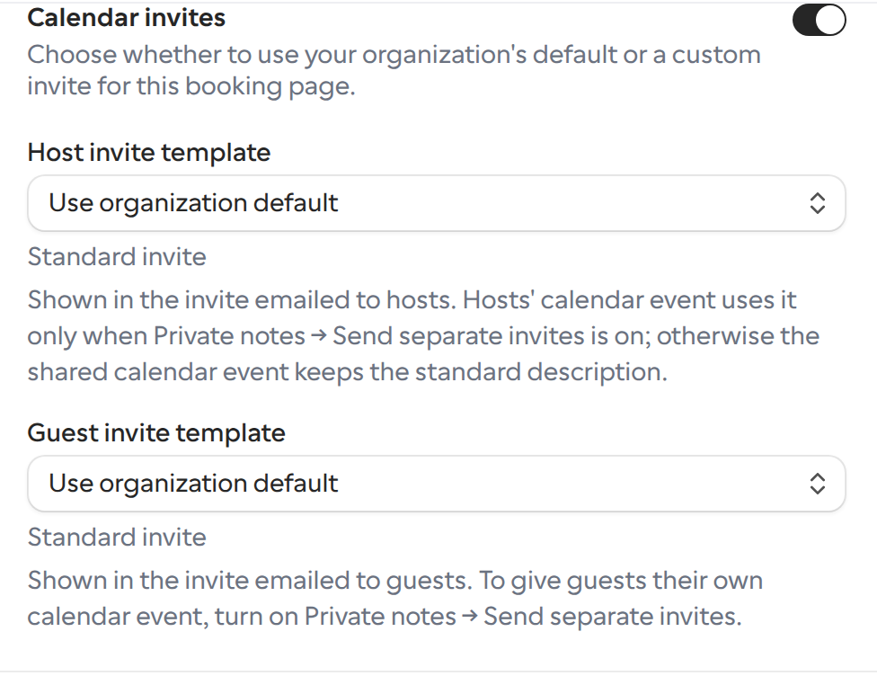 Calendar invites setting on a Link in an organization, with a menu for the host invite and the guest invite