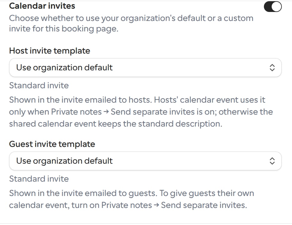 Calendar invites setting on a Link in an organization, with a menu for the host invite and the guest invite