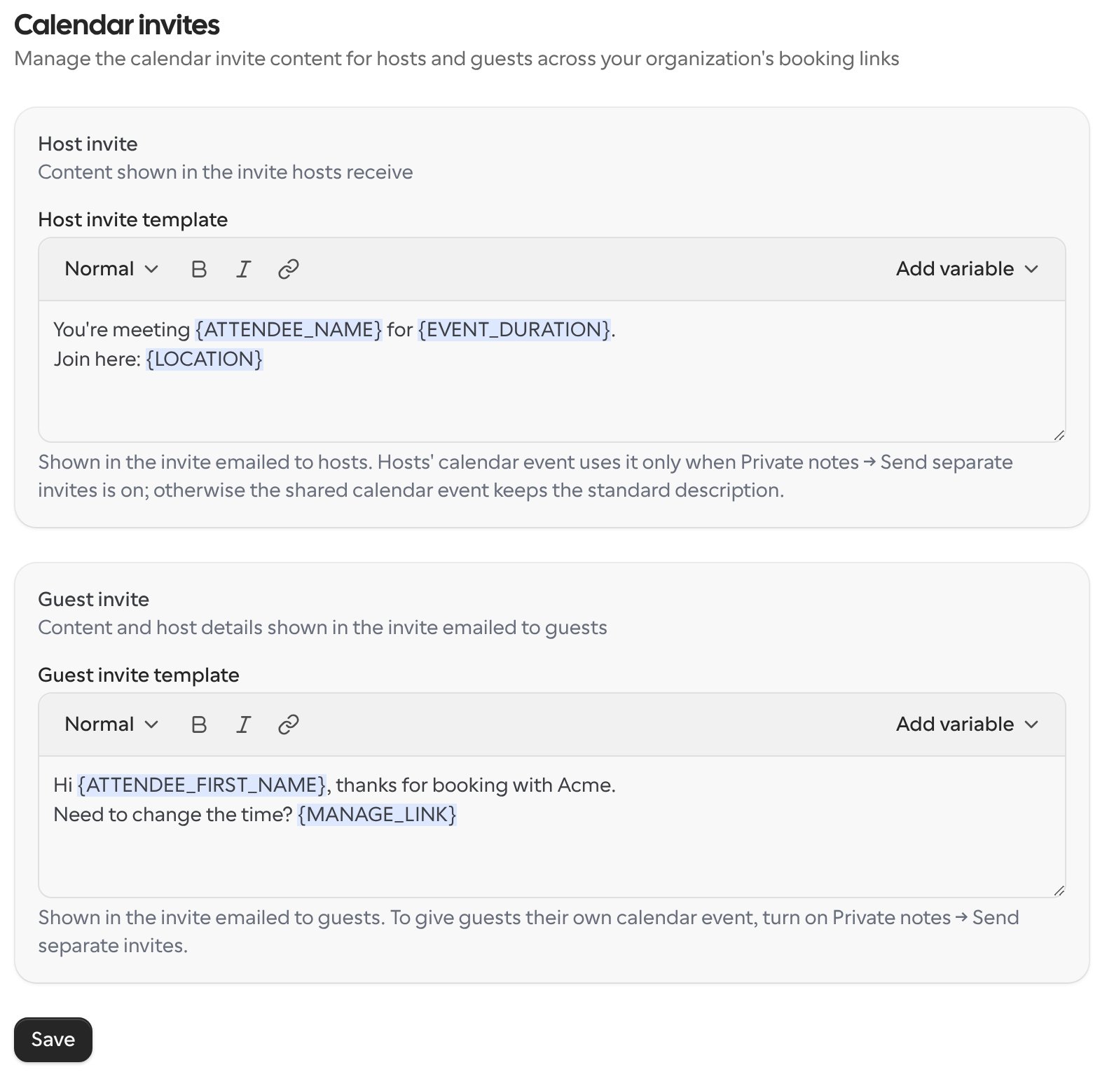 Organization Calendar invites settings with Host invite and Guest invite sections