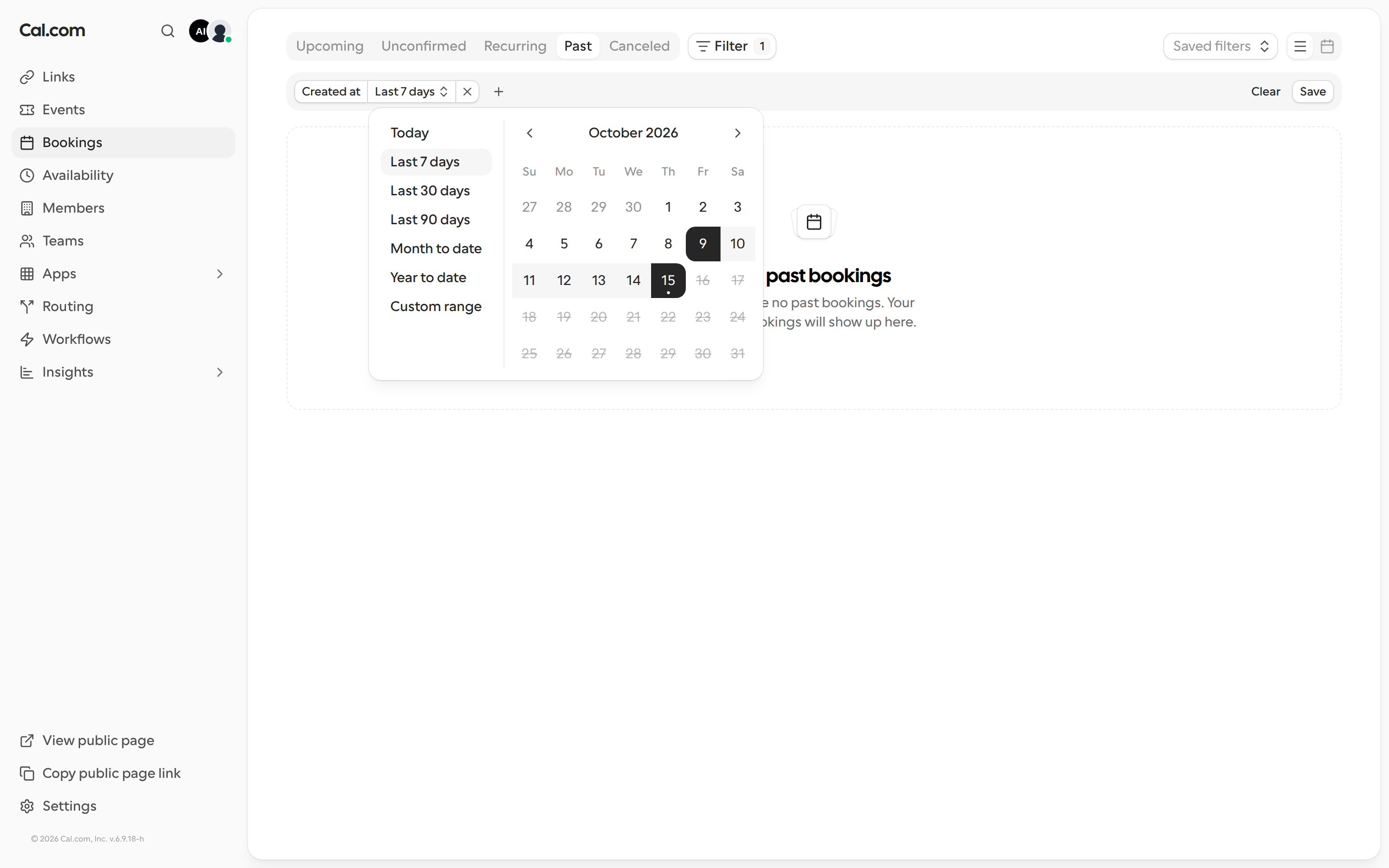 The Created at date filter on the Past bookings tab, with the preset options and calendar open
