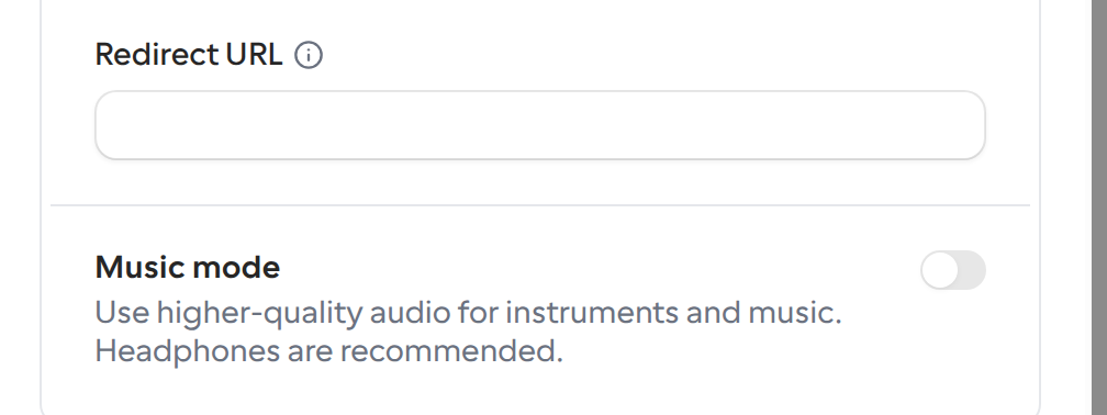 The Music mode toggle in the Cal Video advanced settings