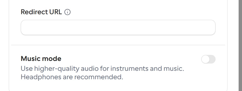 The Music mode toggle in the Cal Video advanced settings