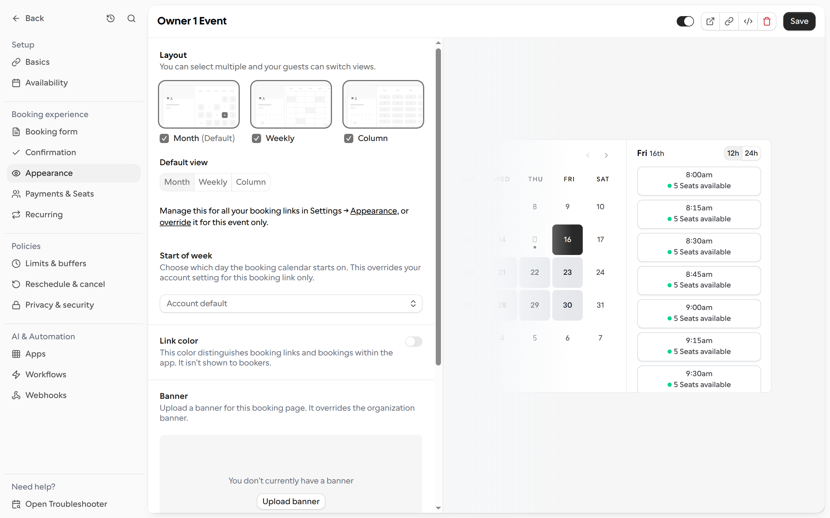 The Start of week setting on a booking link's Appearance tab