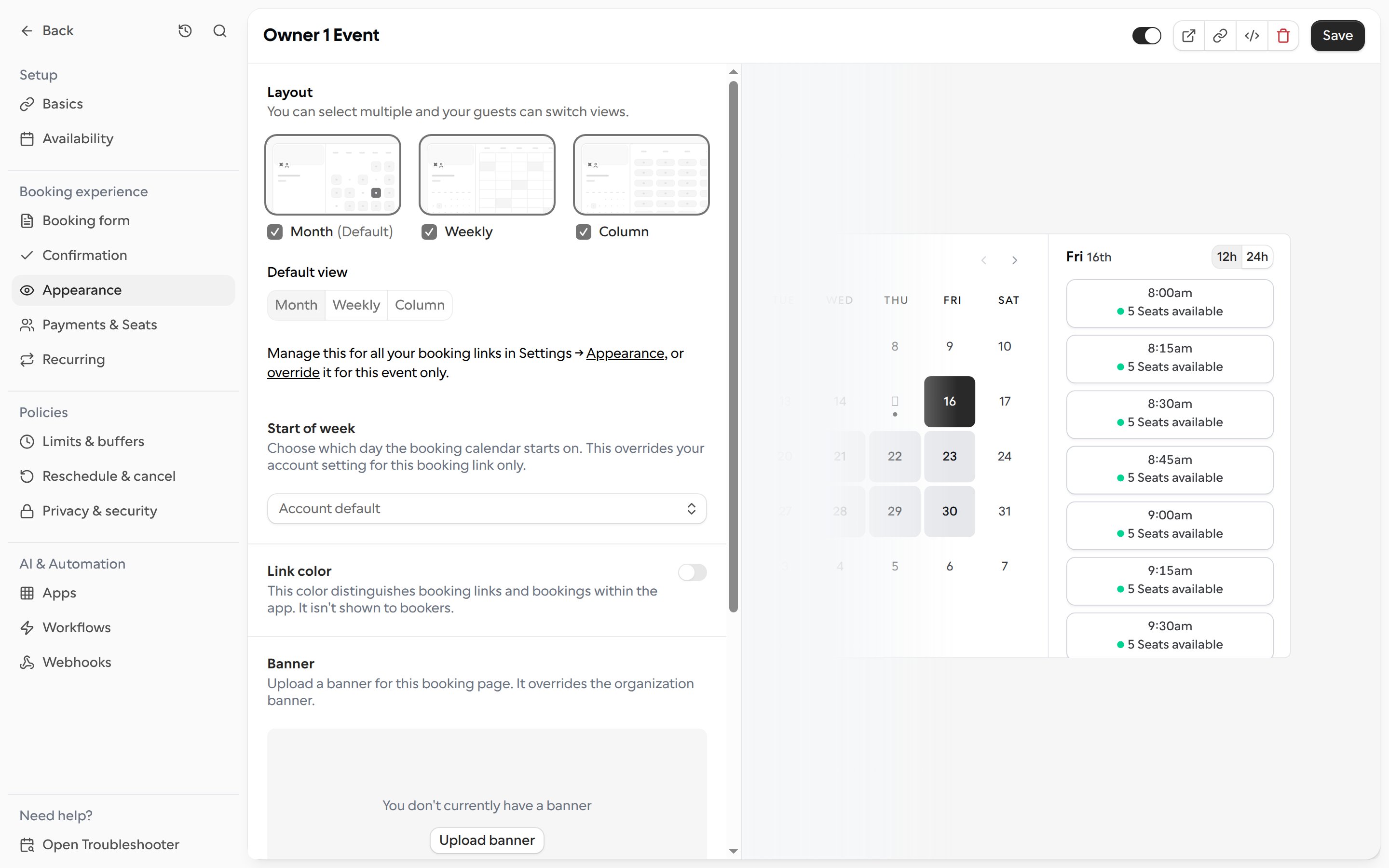 The Start of week setting on a booking link's Appearance tab