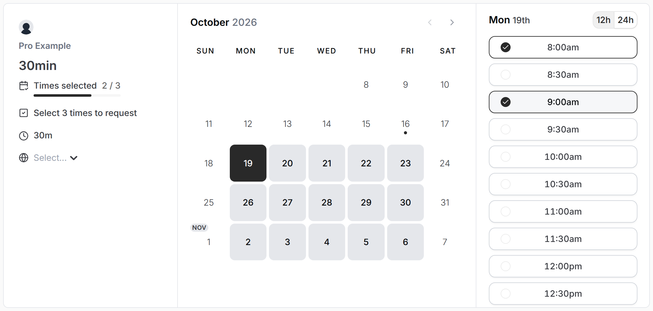 Booking page with several proposed times selected and a counter showing how many are selected