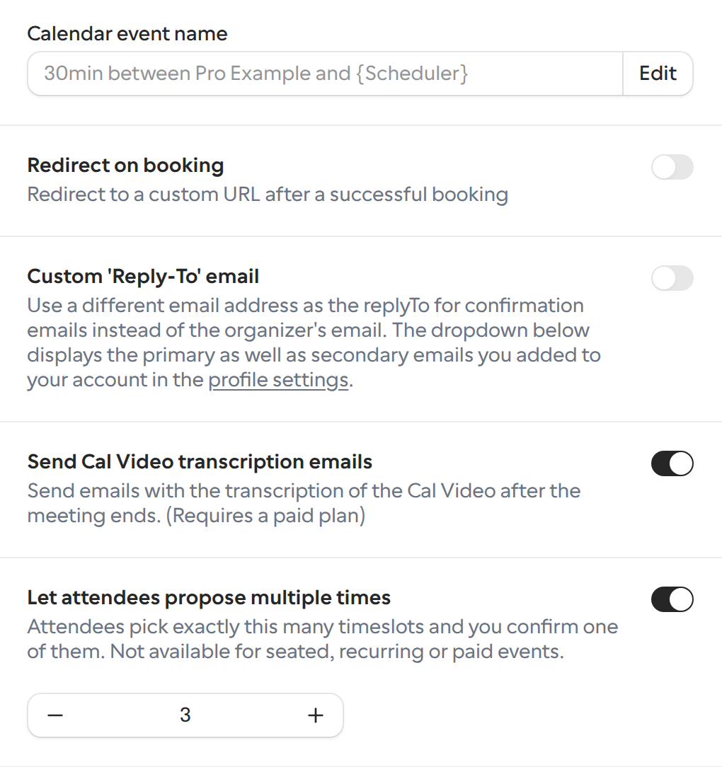 Confirmation tab with Let attendees propose multiple times turned on and the number of times set