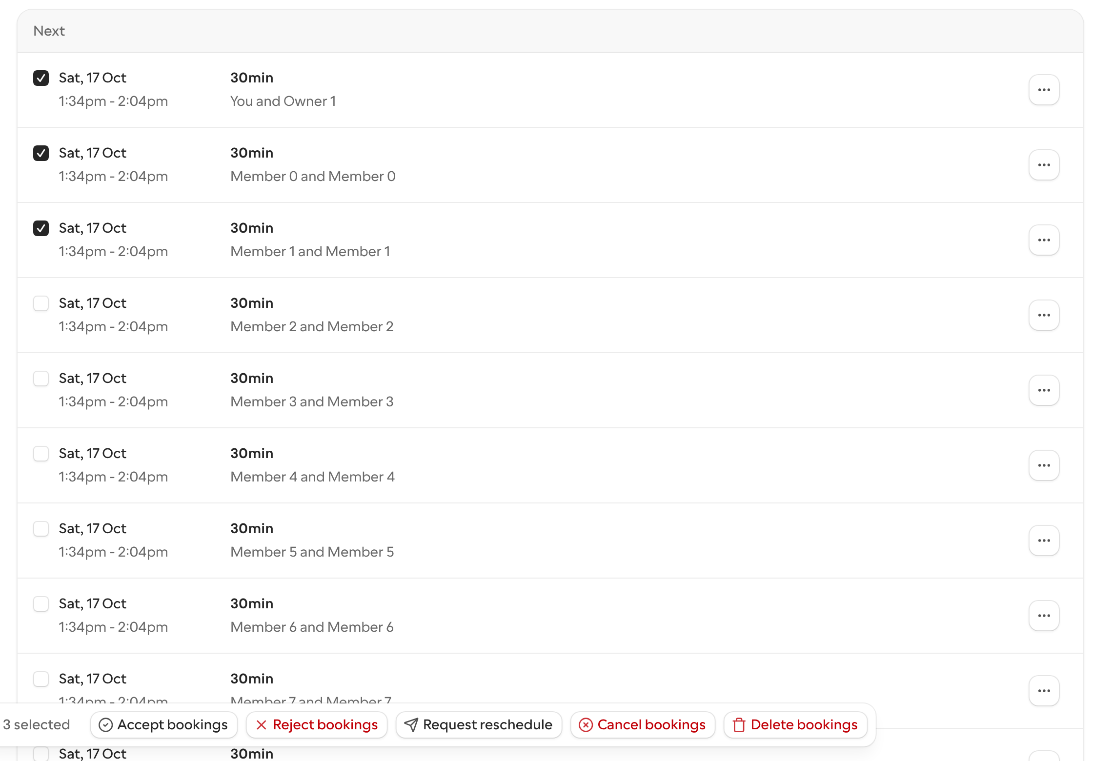 Bookings list with several bookings selected and the bulk actions bar showing the available actions