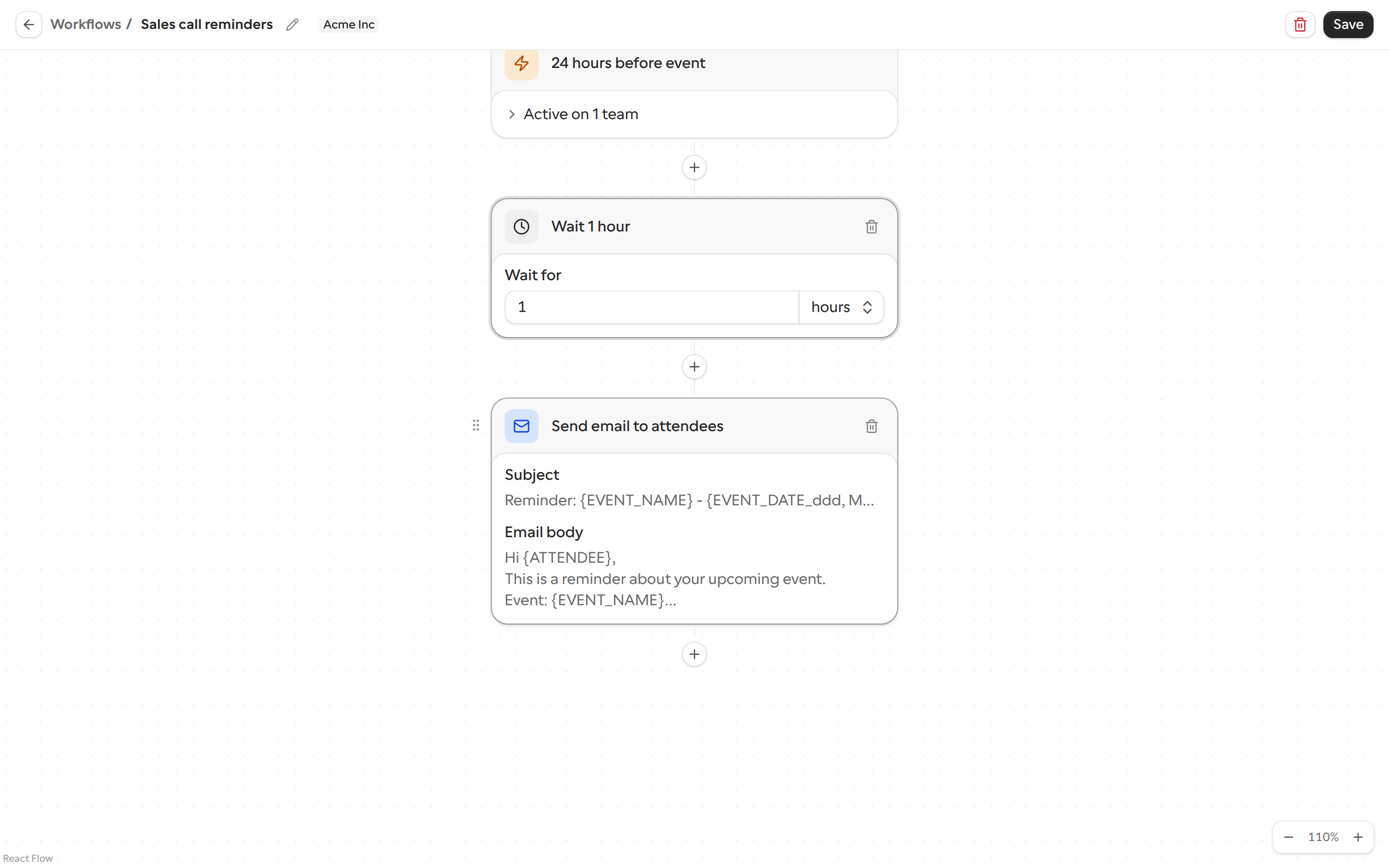 A Delay step set to wait 1 hour between the trigger and an email step