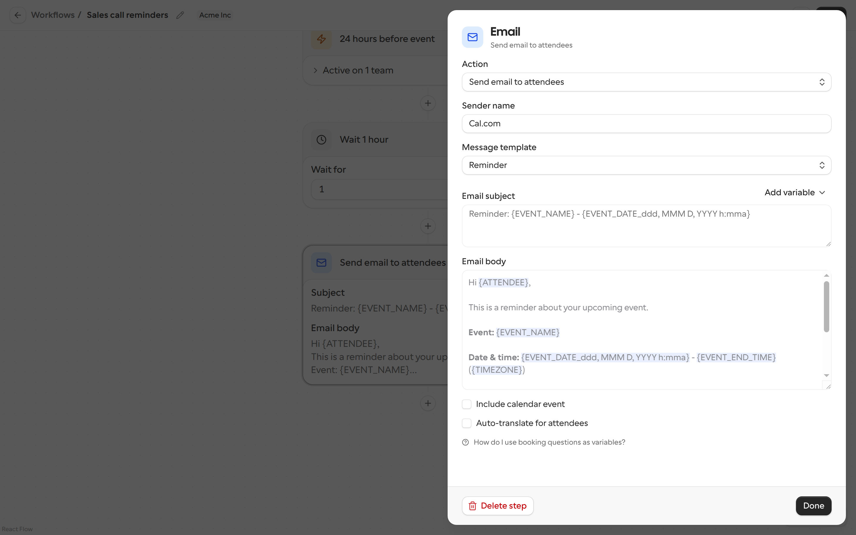 Email step settings with action, sender name, template, subject and body