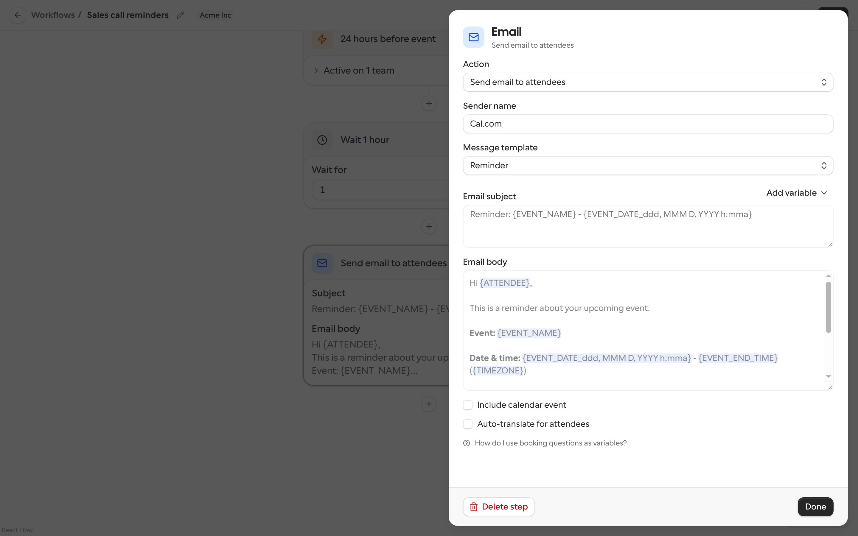 Email step settings with action, sender name, template, subject and body