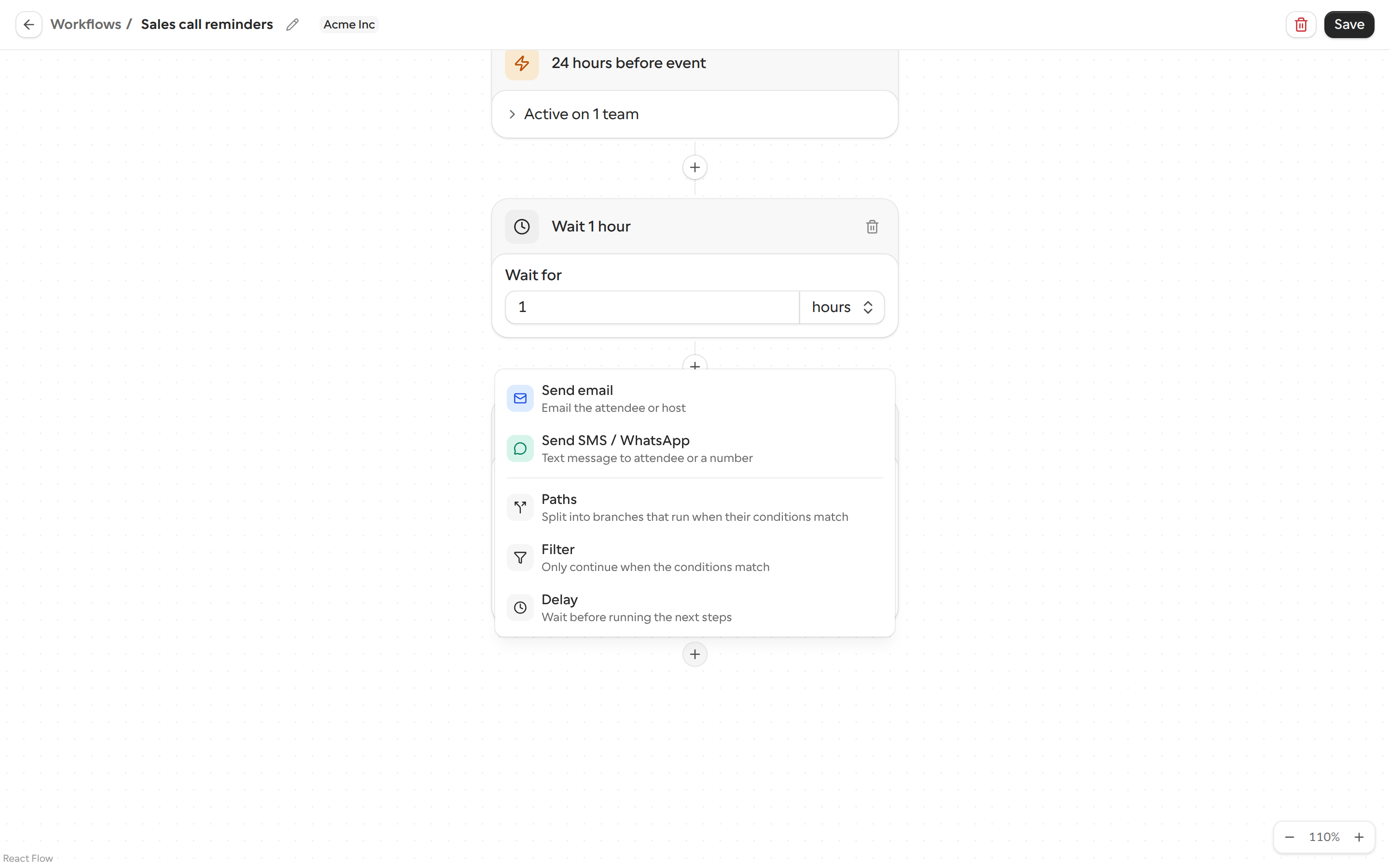 The step menu with Send email, Send SMS / WhatsApp, Paths, Filter and Delay